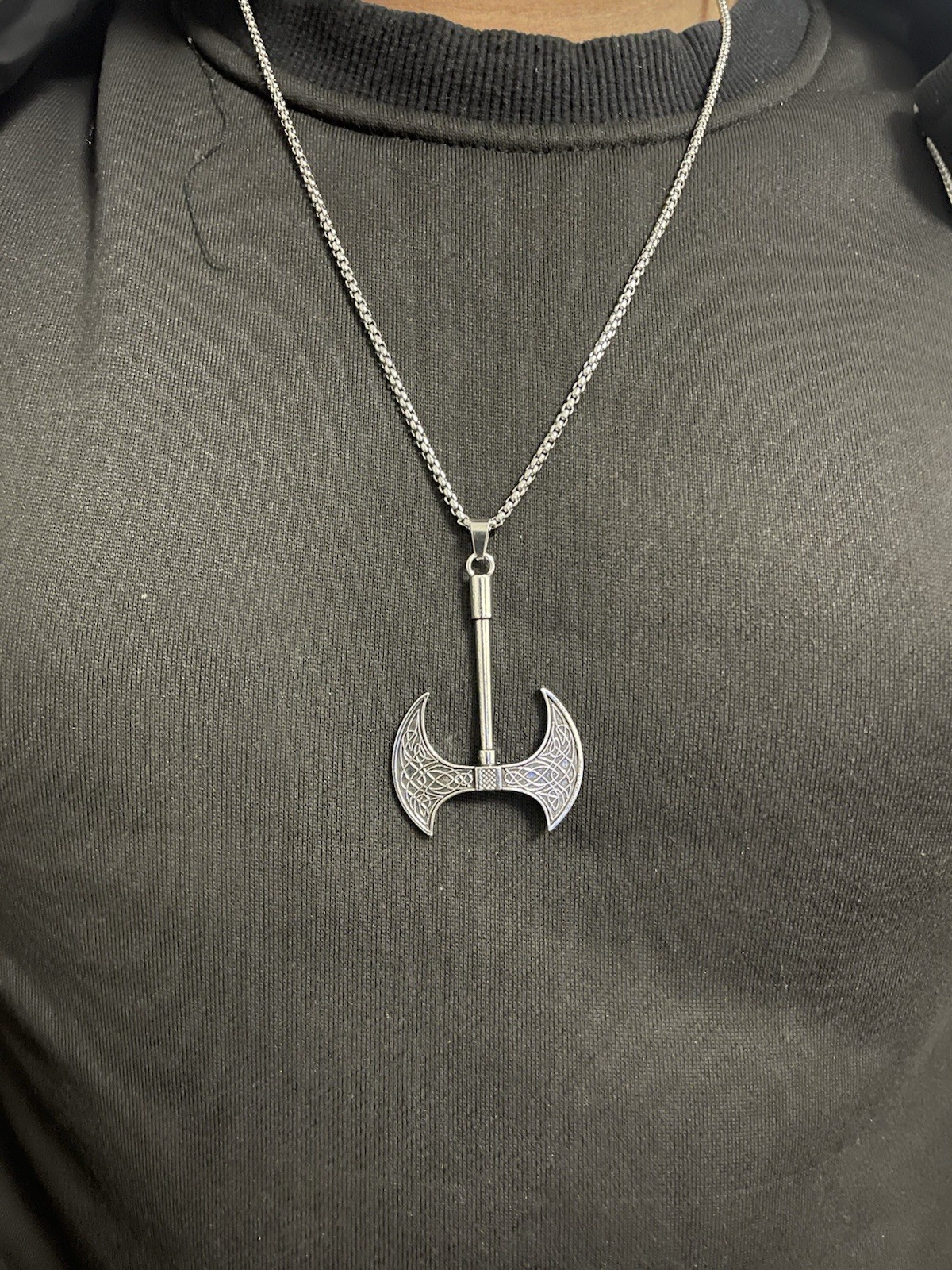 Men's Viking Double Axe Pendant Necklace Silver Tone Amulet Cable Chain
