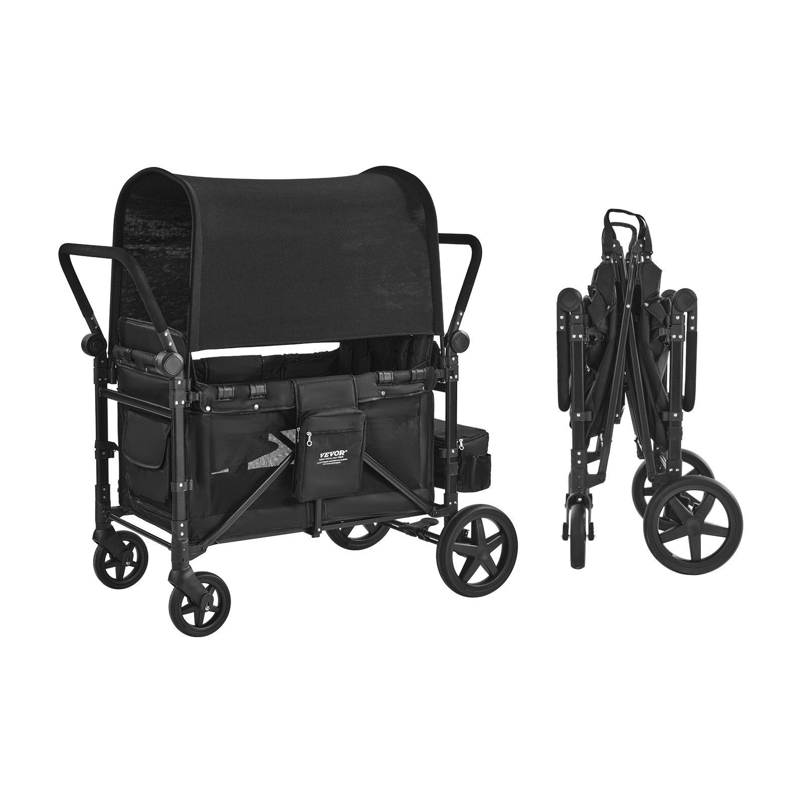 4-Seat Wagon Stroller 330lb Max Load One-Touch Fold Adjustable Handle Black