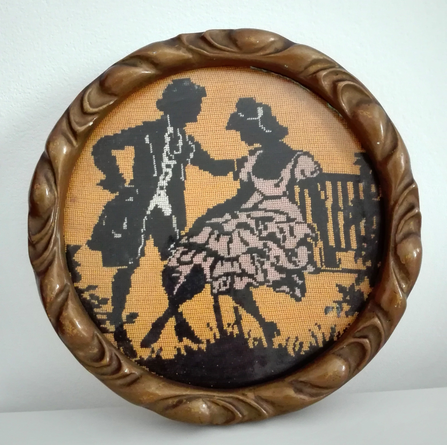 Vintage Romanian handmade goblen gobelin tapestry needlepoint Victorian couple