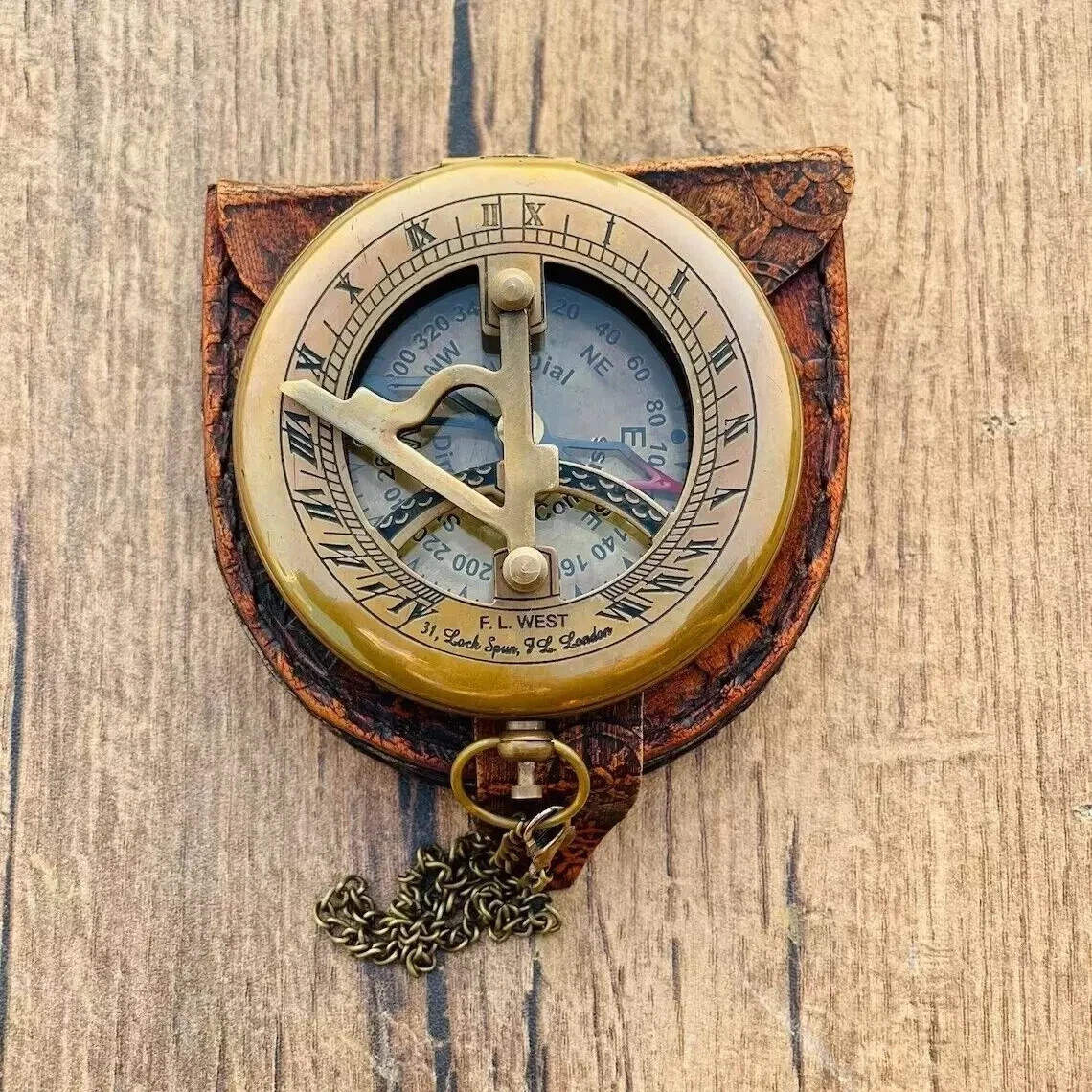 Antique Brass Pocket Compass Sundial Vintage Nautical Gift With Leather Case