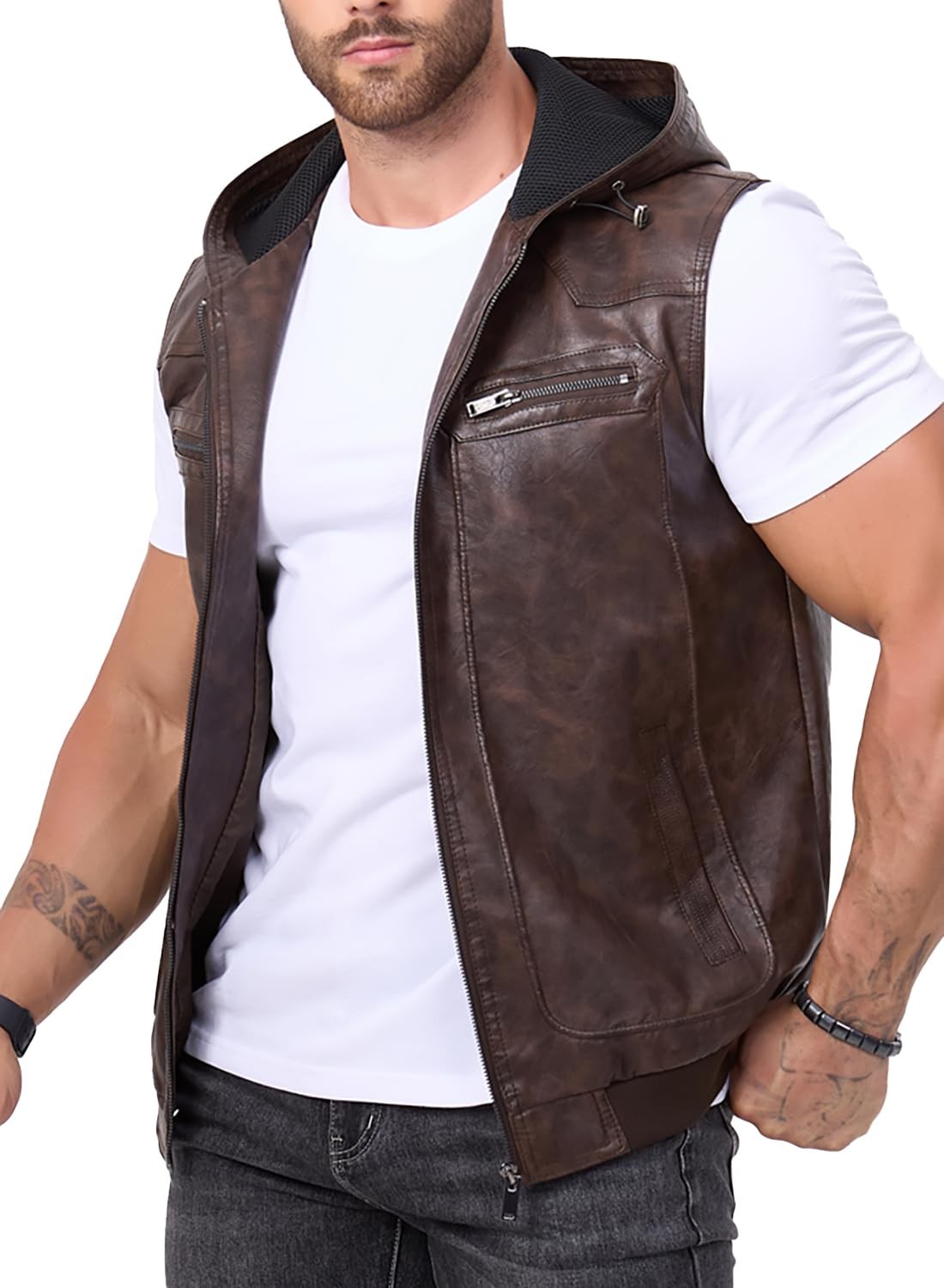 FANARCHER Men's Vintage Faux Leather Vest Jacket Zip-up Classic Hipster Vest