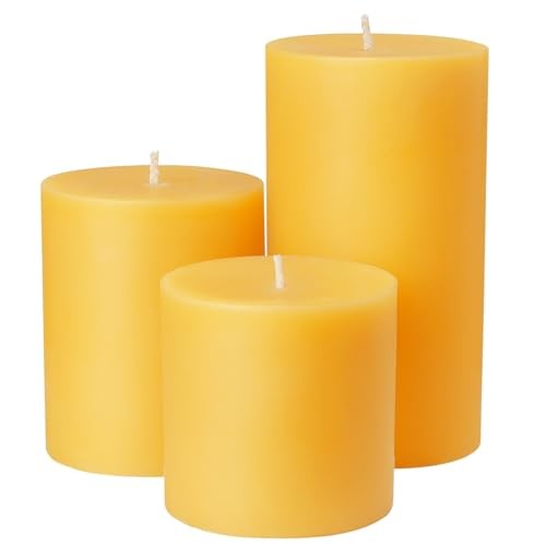 Set of Natural Beeswax Pillar Candles - 3x3 inch 3x4 inch 3x6 inch 3 Yellow