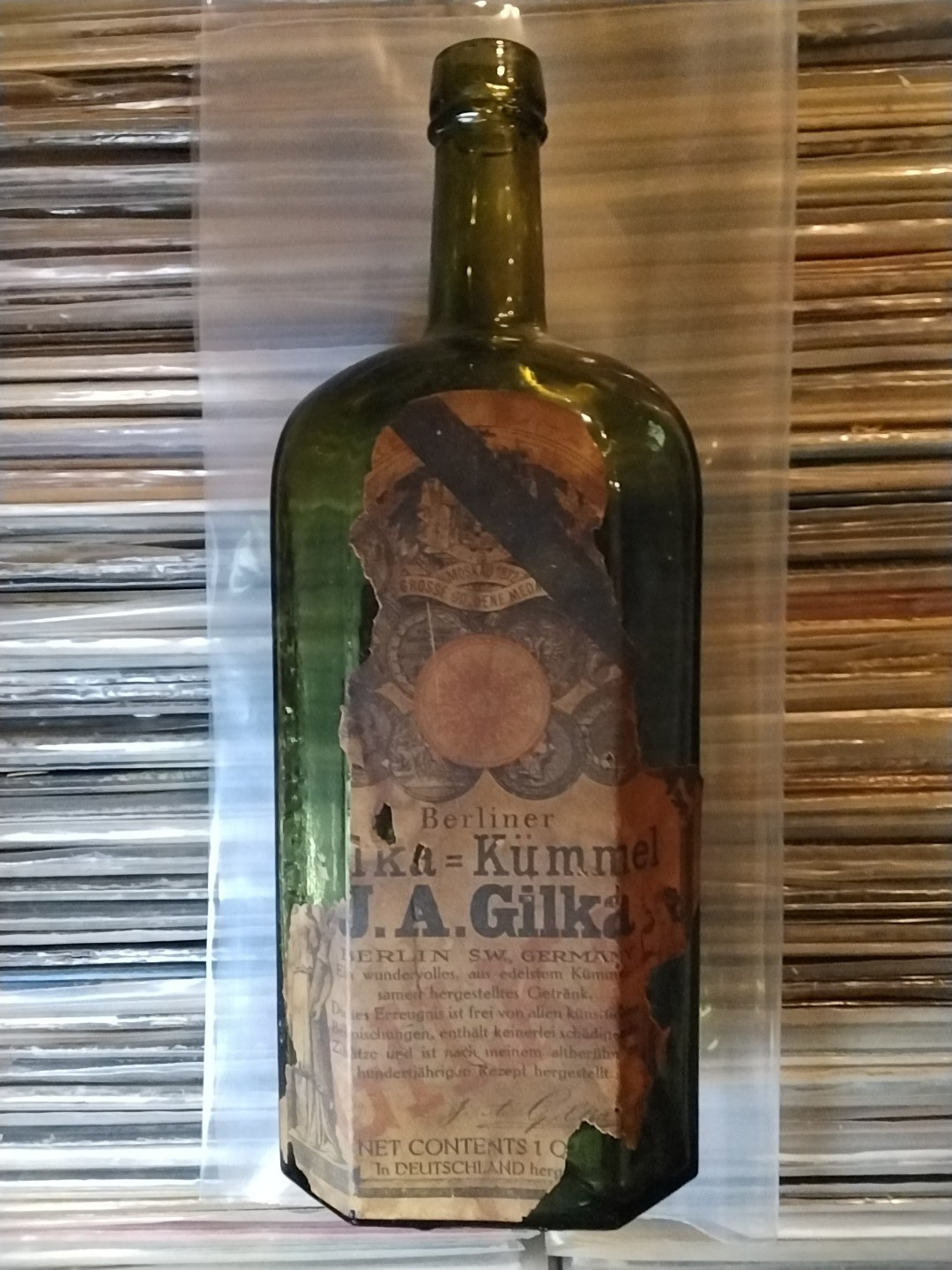 RARE Antique OLIVE GREEN J.A.GILKA BERLIN BITTERS LIQUOR Bottle 2 LABELS 1890's
