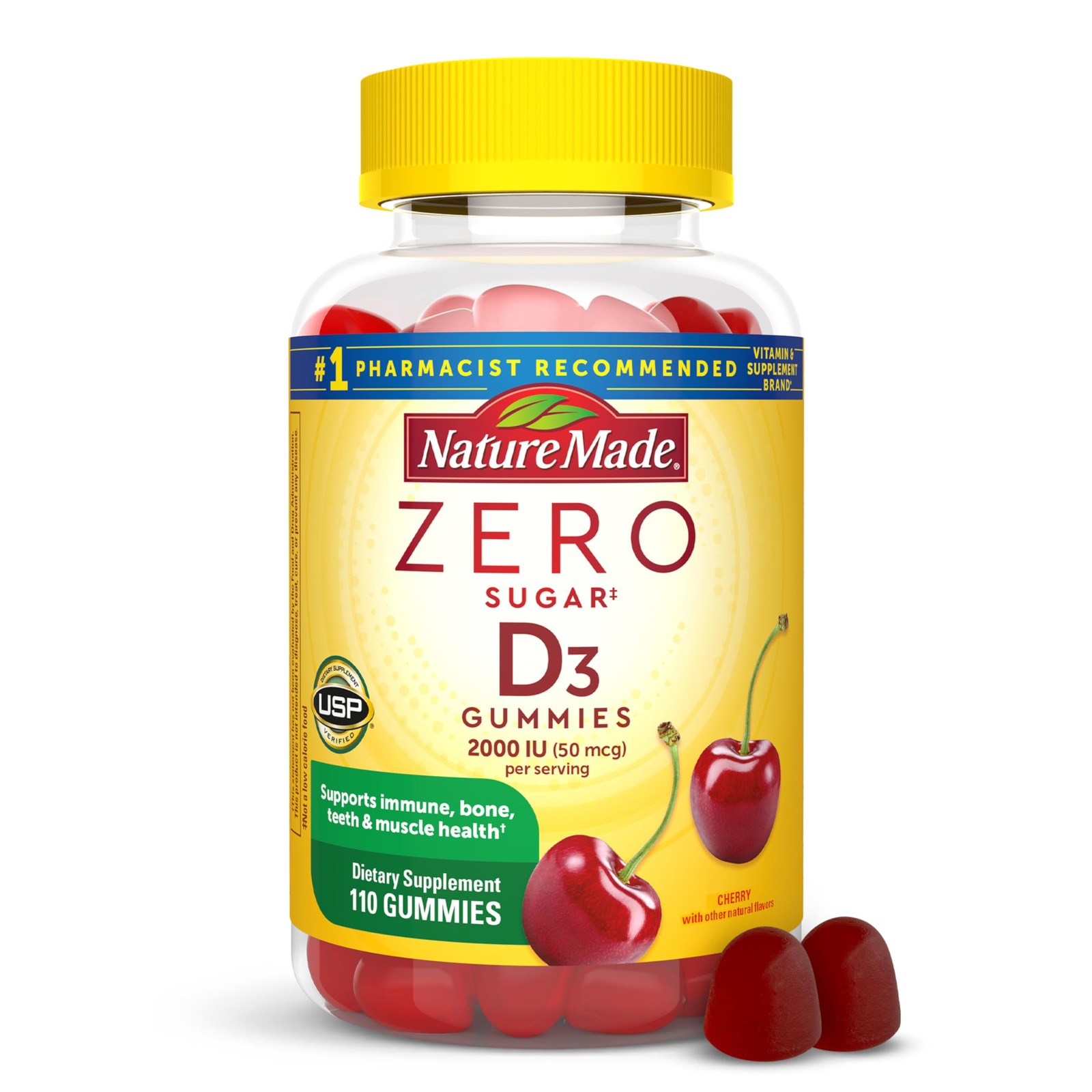 Nature Made Zero Sugar Vitamin D3 Gummies 2000 IU 110 Count (Pack of 1), Red 