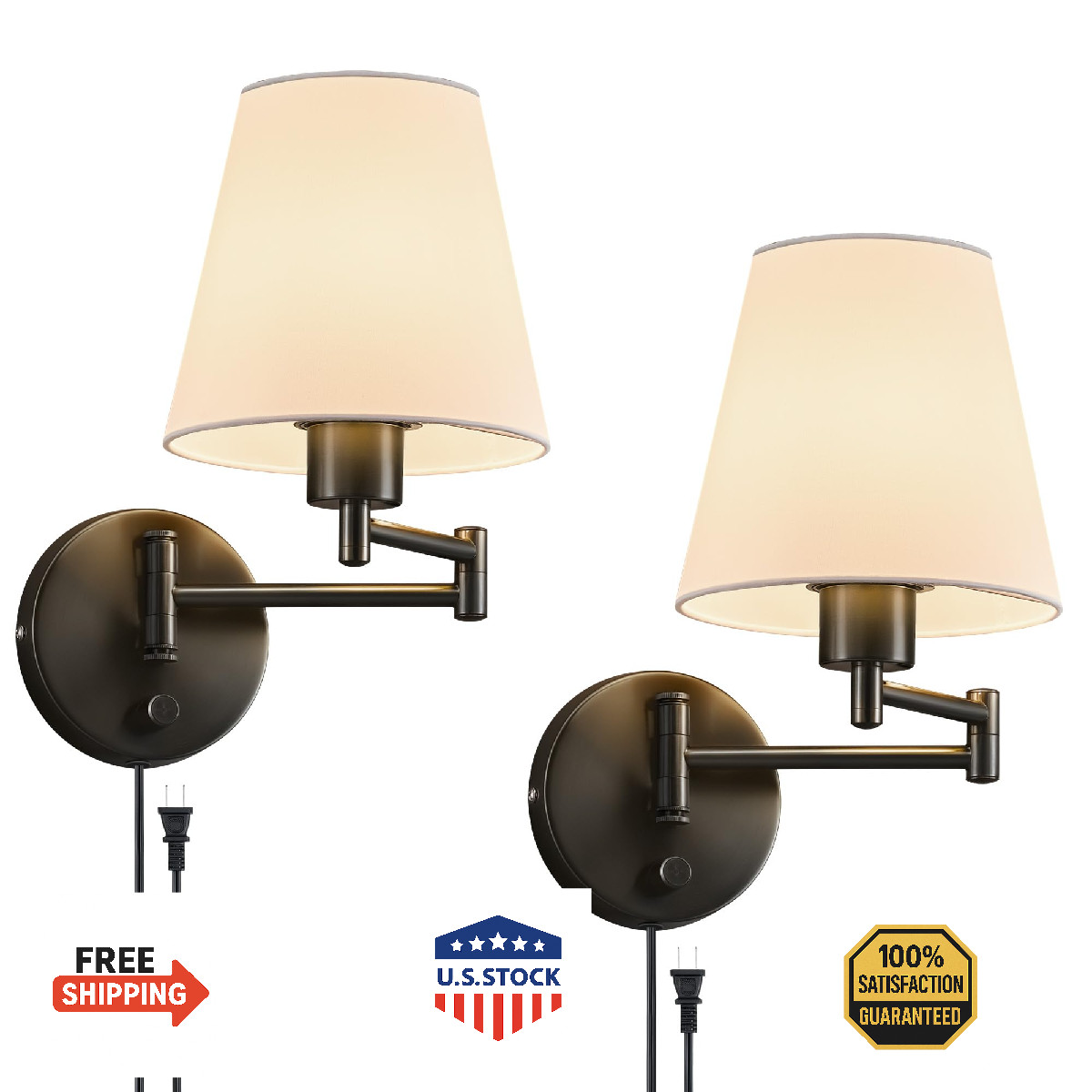 VONLUCE Set of 2 Swing Arm Wall Sconces - Plug-in / Hardwired, Adjustable