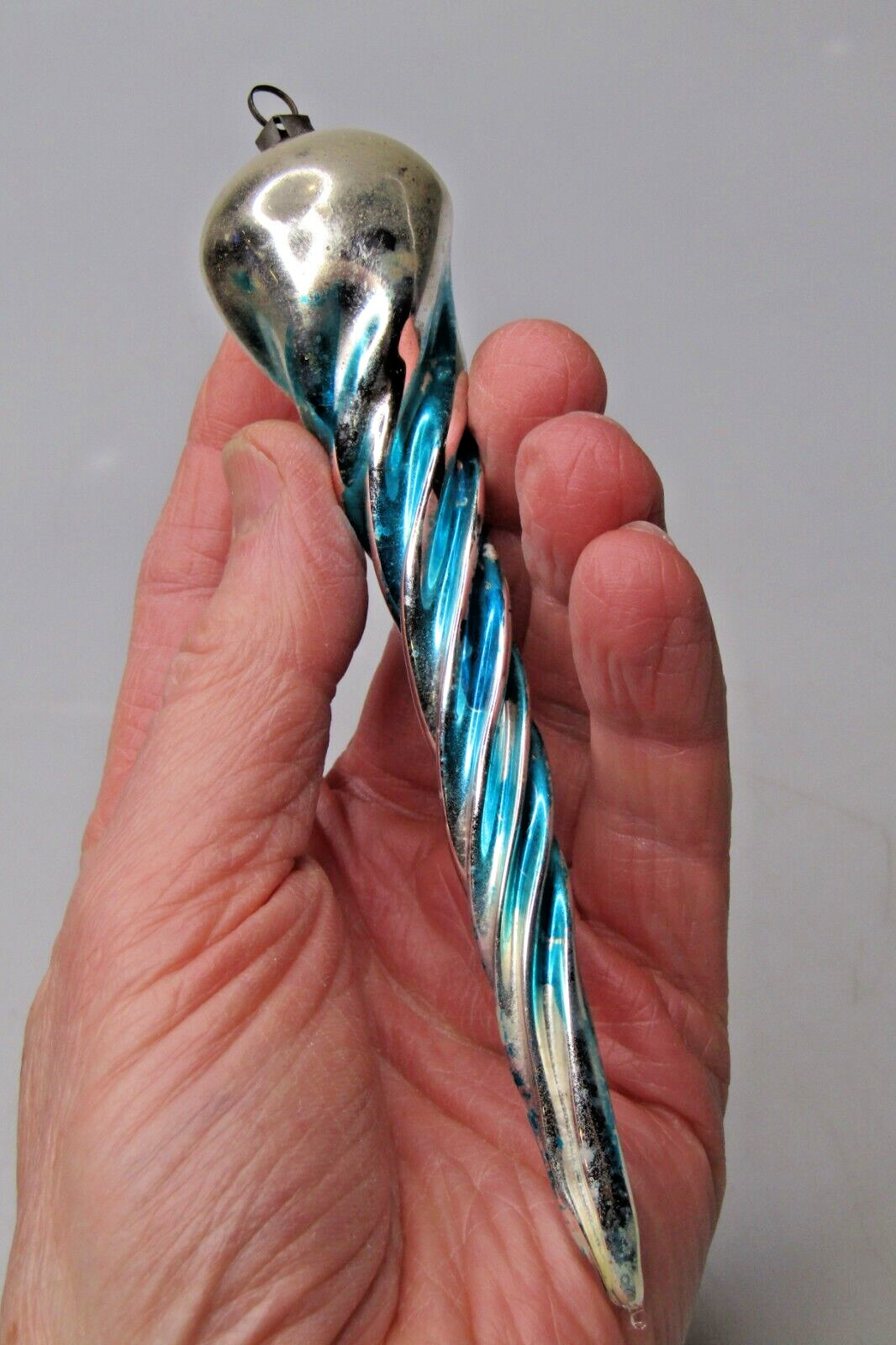 Vintage Blown Glass Twisted Fluted Blue Large ICICLE Christmas Ornament Germany