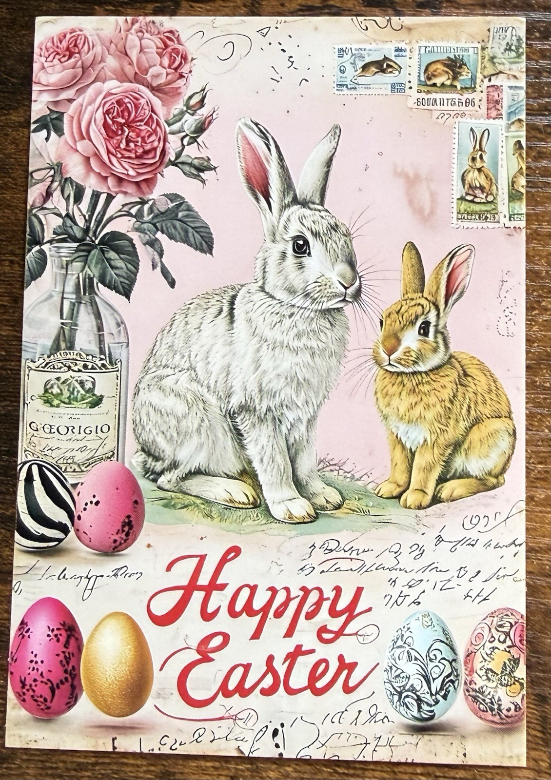 Happy Easter Bunnies Decorated Eggs Pinks Vintage Look Postcard Pc485 Ephemera