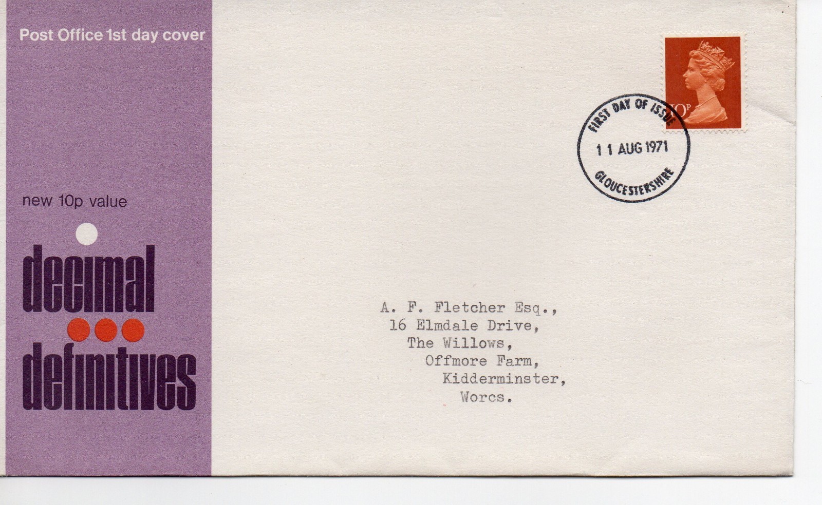GB - First Day Cover (C 1 ) 1971 Machin - 1 value to 10p -  pmk. Gloucestershire