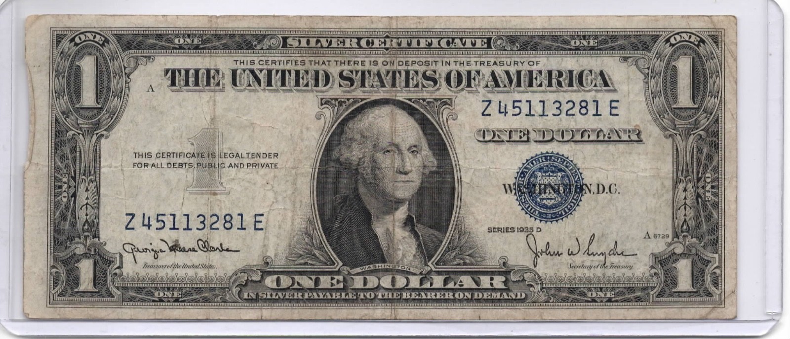 1935 $1 One Dollar Silver Certificate Ser NO Z45113281E Circulated (G1)