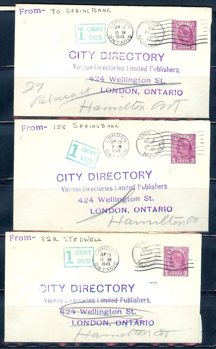 CANADA #EN54 6 1 CENT DUE 1949 LONDON TO HAMILTON COVERS