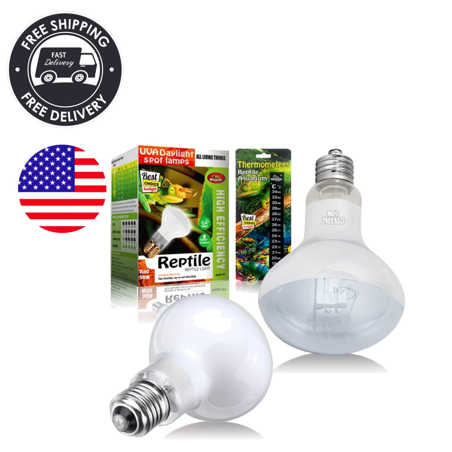 Energy Efficient 75W Reptile Heat Lamp - 2 Pack with Temperature Strips Included