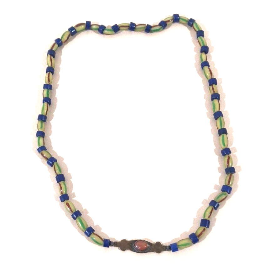 Antique Yellow Striped Venetian Trade Beads Blue bead Strand Necklace 27"