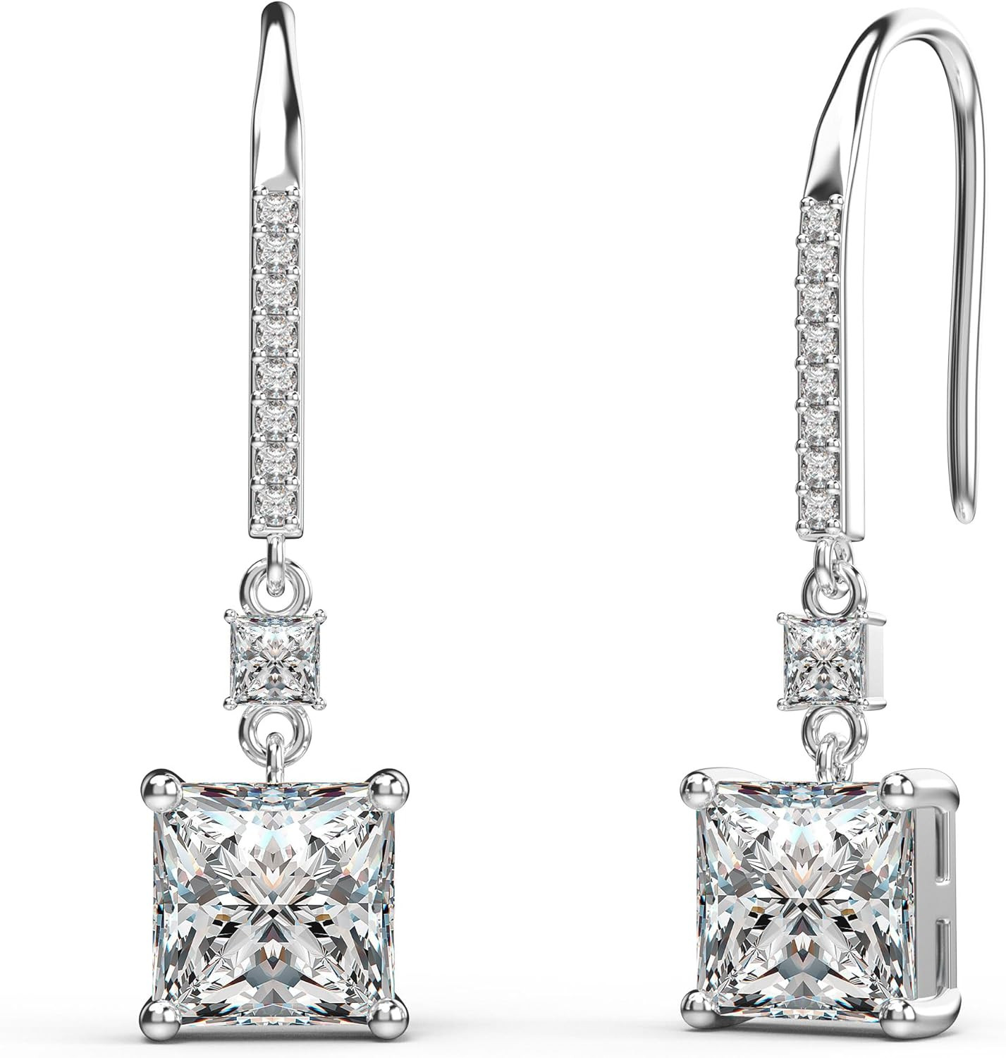 18K White Gold Plated Sterling Silver Square Princess Cut Cubic Zirconia Dangle 