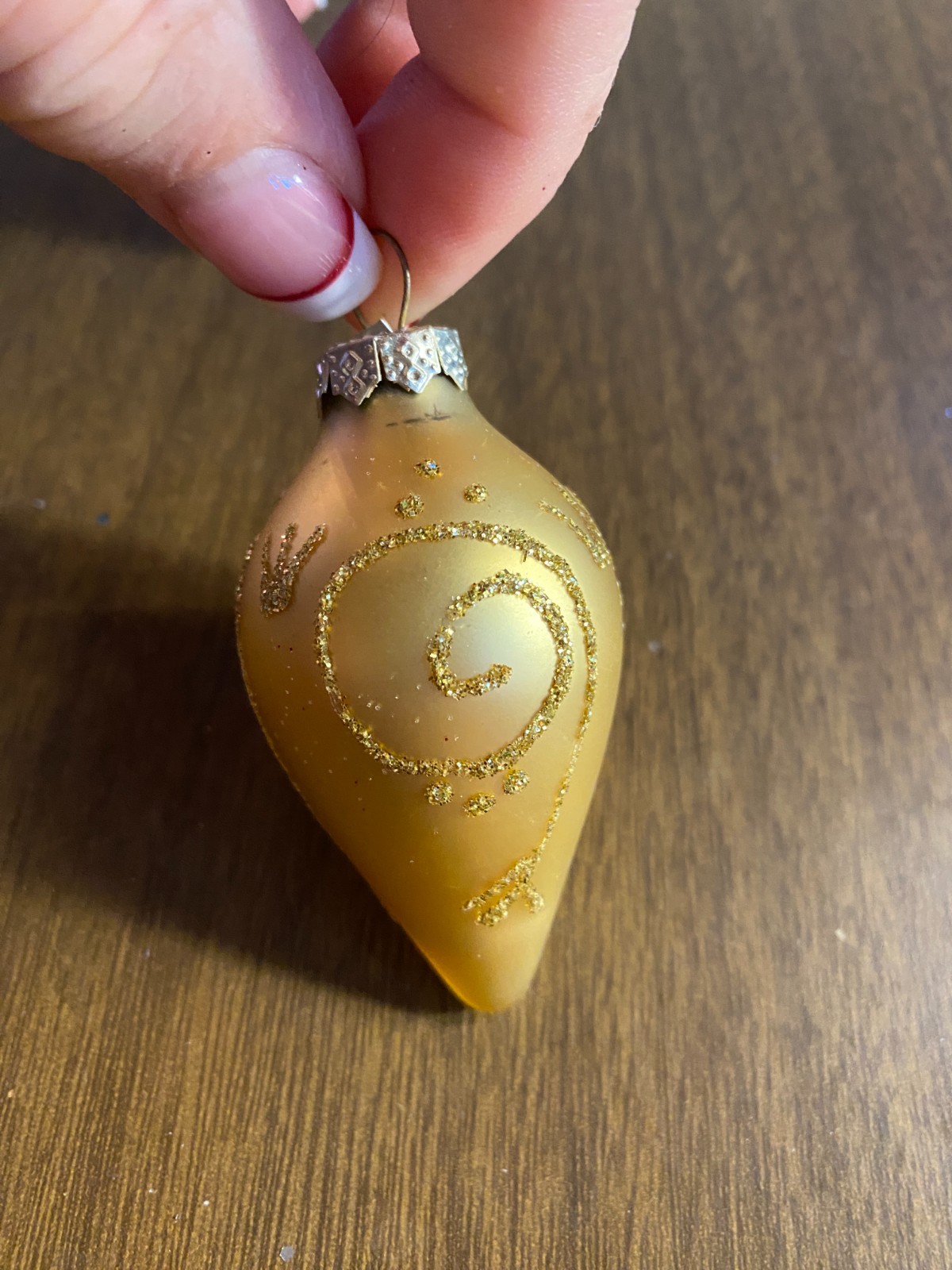 Gold W Glitter Blown Glass Teardrop Christmas Ornament 2.5"
