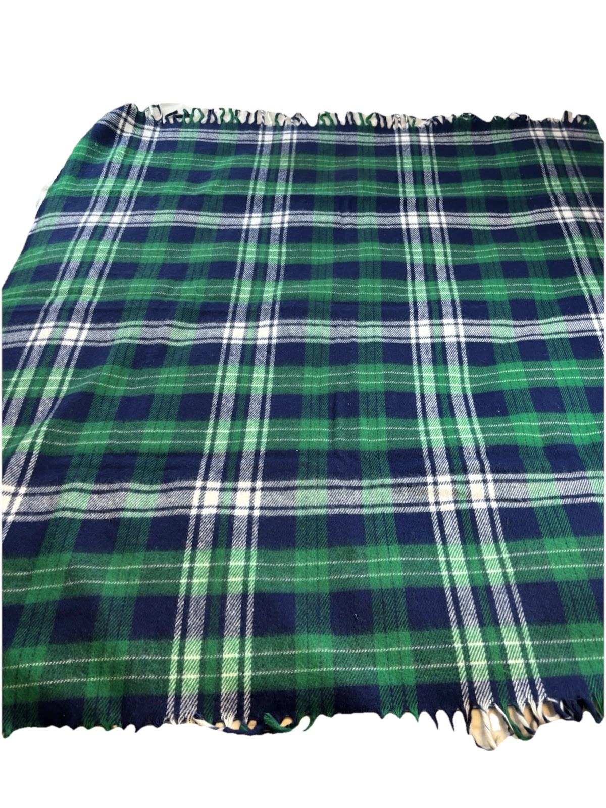 Faribault Woolen Mills Blue-Green-White Plaid Tartan Fringed Acrylic Blanket EUC