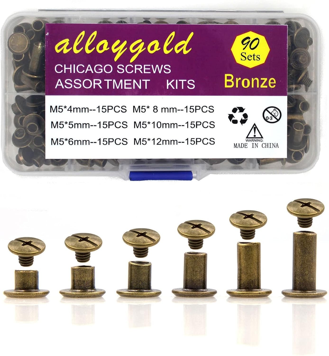 90 Sets Bronze Chicago Screws Leather Rivet Assorted Kit 6 Sizes DIY Craft M5