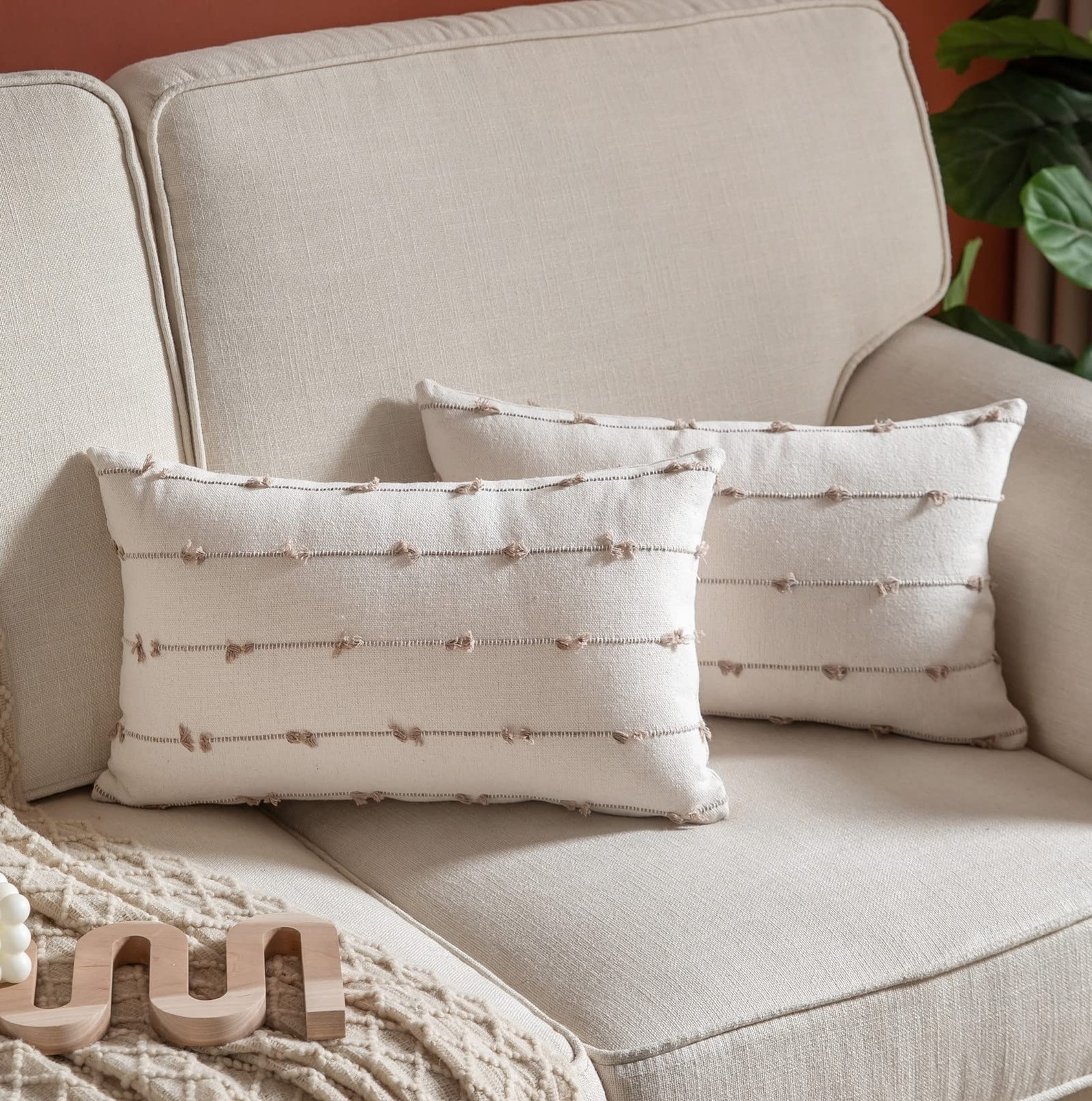 Boho Throw Pillow Covers 12x20 inches Beige and Natural, Set of 2 Modern Farm...