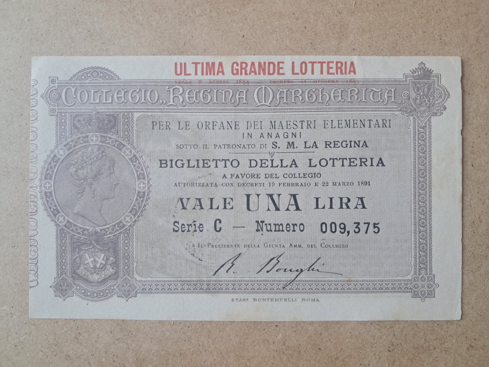 Grand Lottery Ticket for Orphans of Elementary Teachers - Anagni 1891
