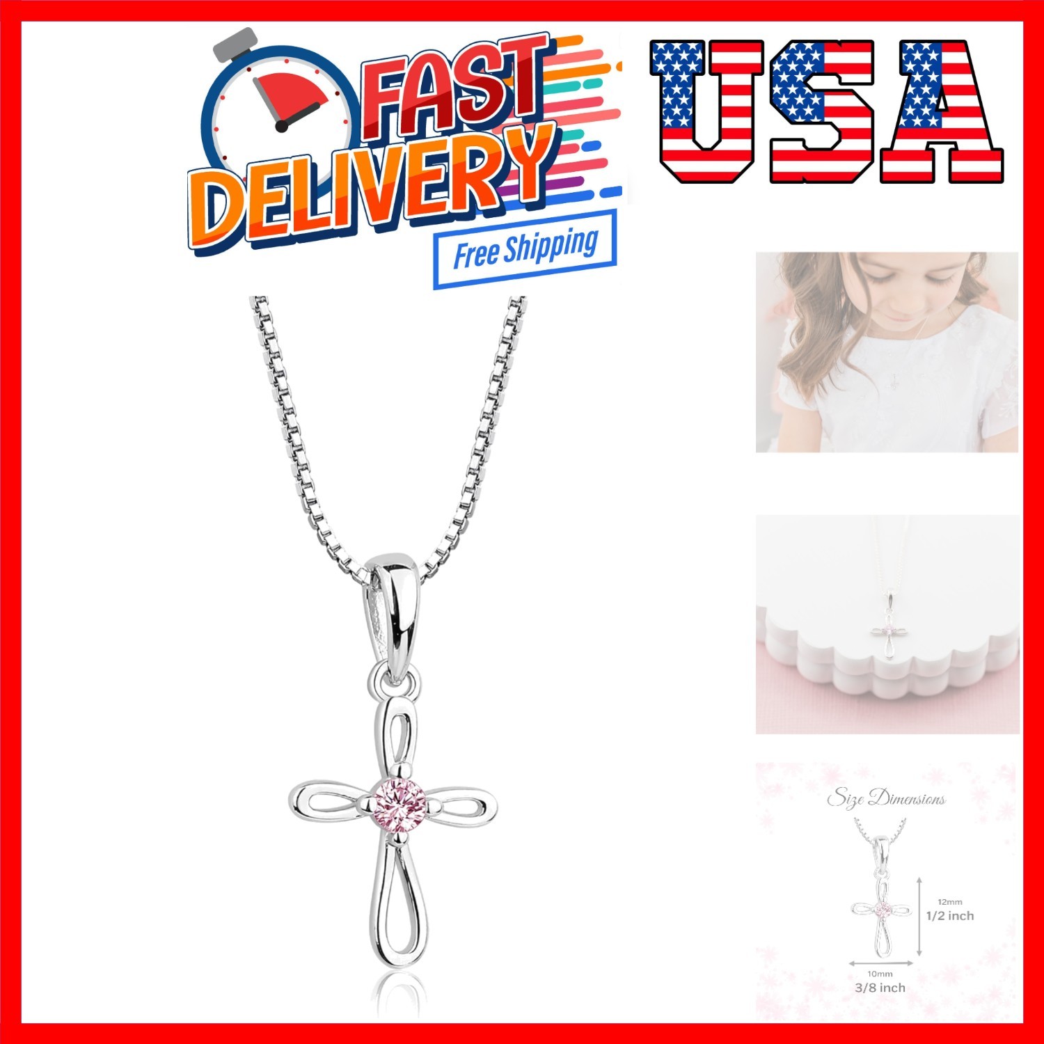 Girl's 925 Sterling Silver First Communion Infinity Cross Pendant Necklace wi...