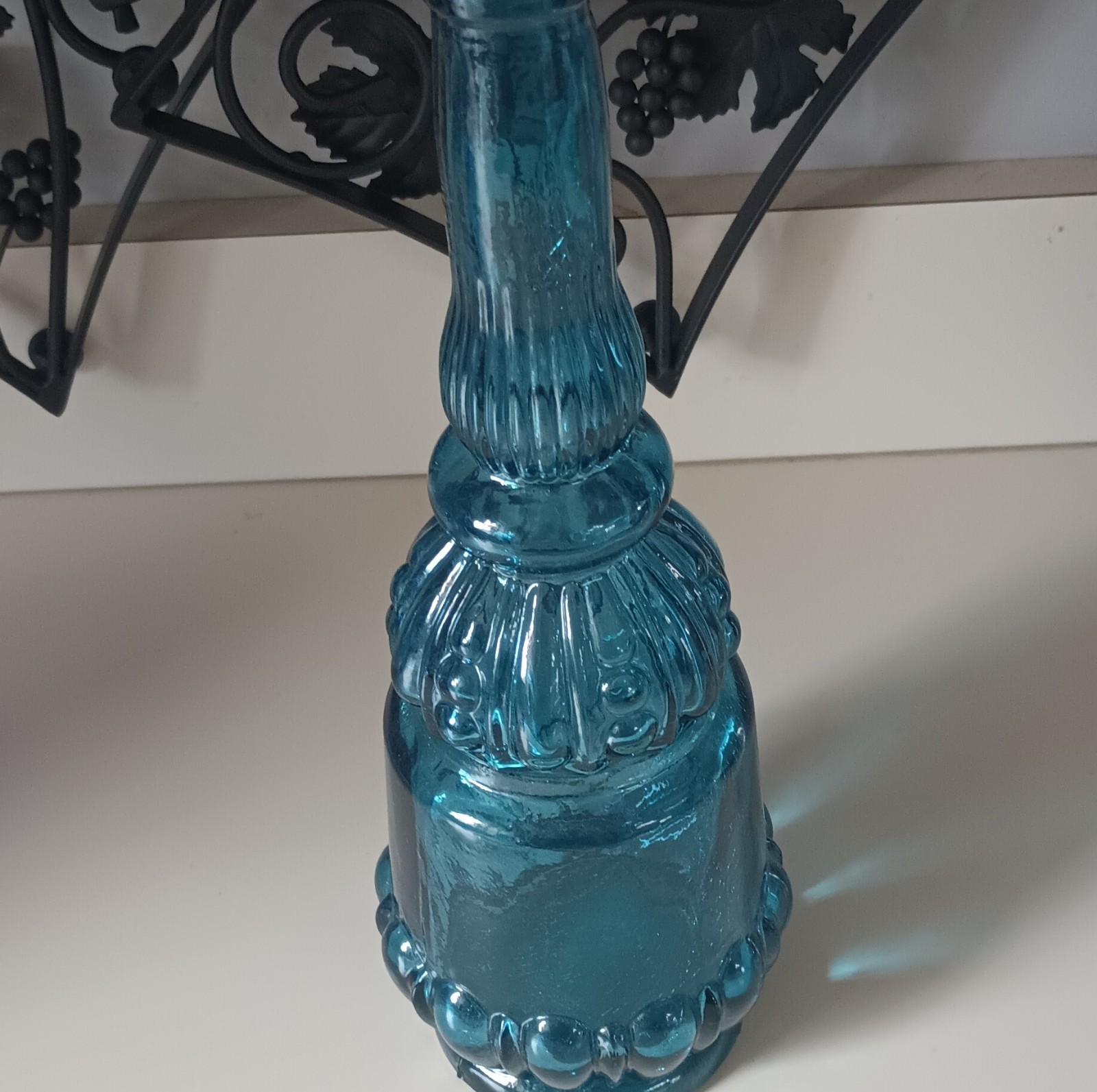 Blue Glass Decorative Bottle Ornate Design Glossy Finish