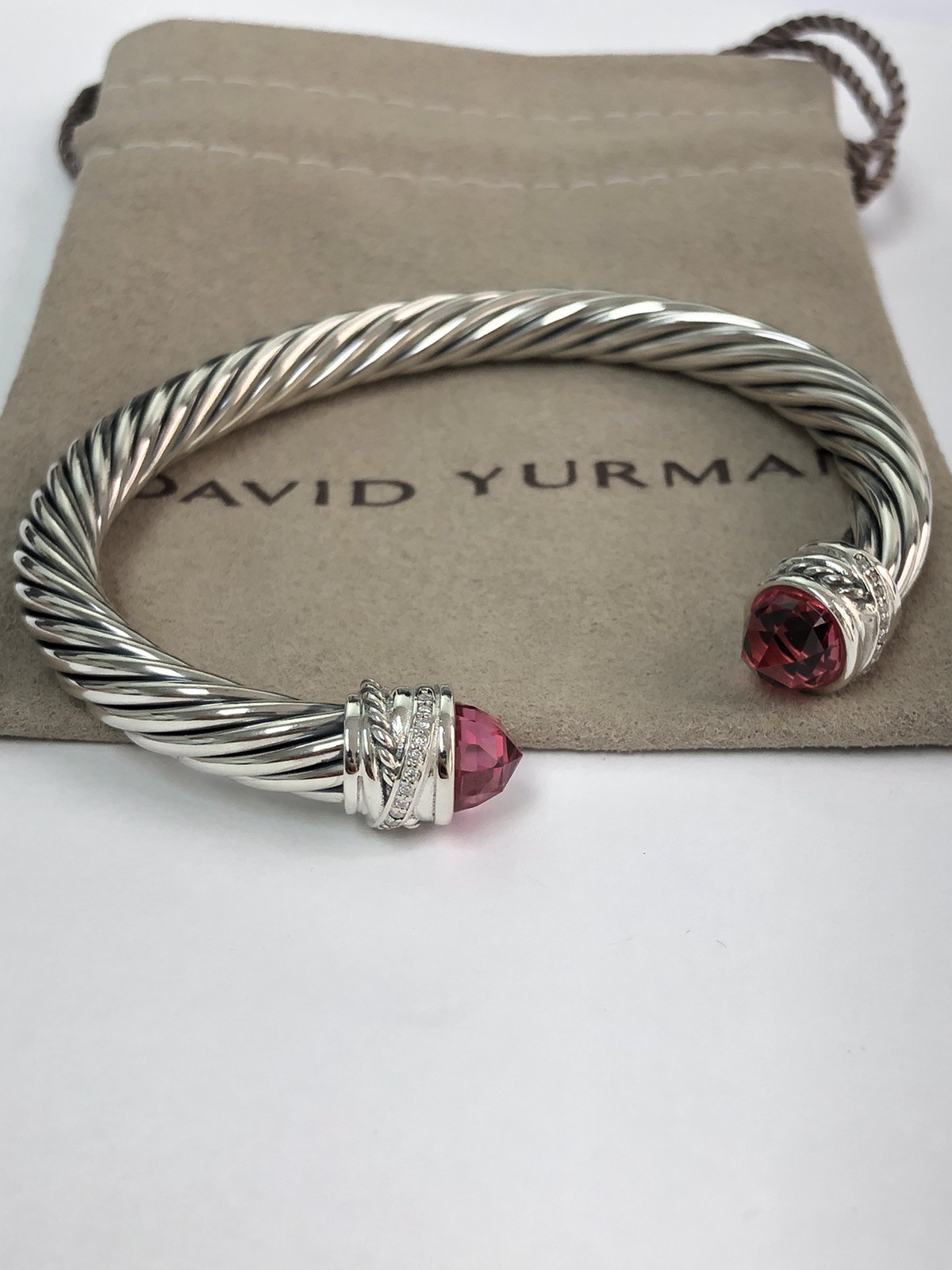 David Yurman 7mm Cable Crossover Cuff Bracelet 925 Silver Tourmaline & Diamond