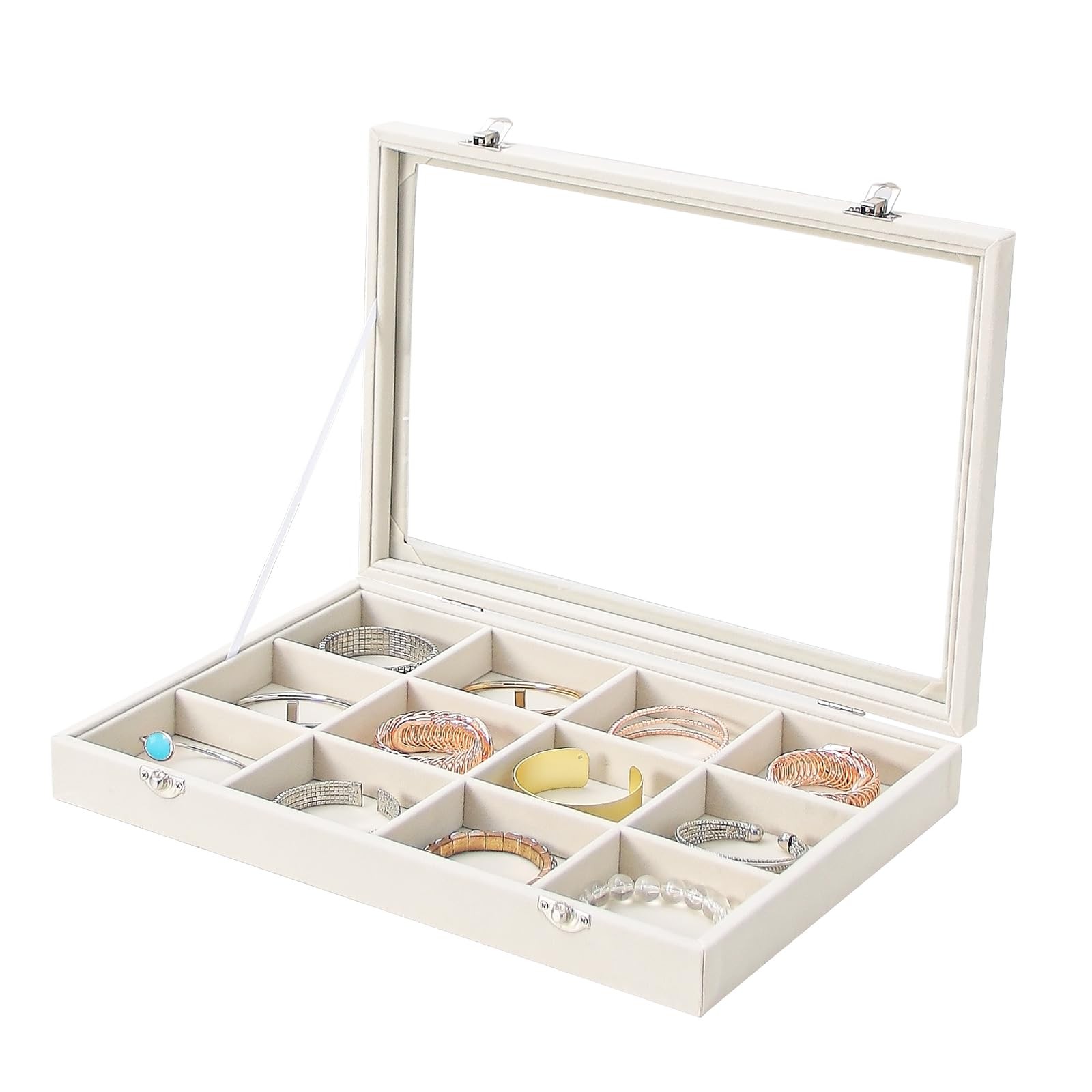 Jewelry Organizer Box, Beige Velvet 12 Grids Bracelet Bangle Necklace Jewelry...
