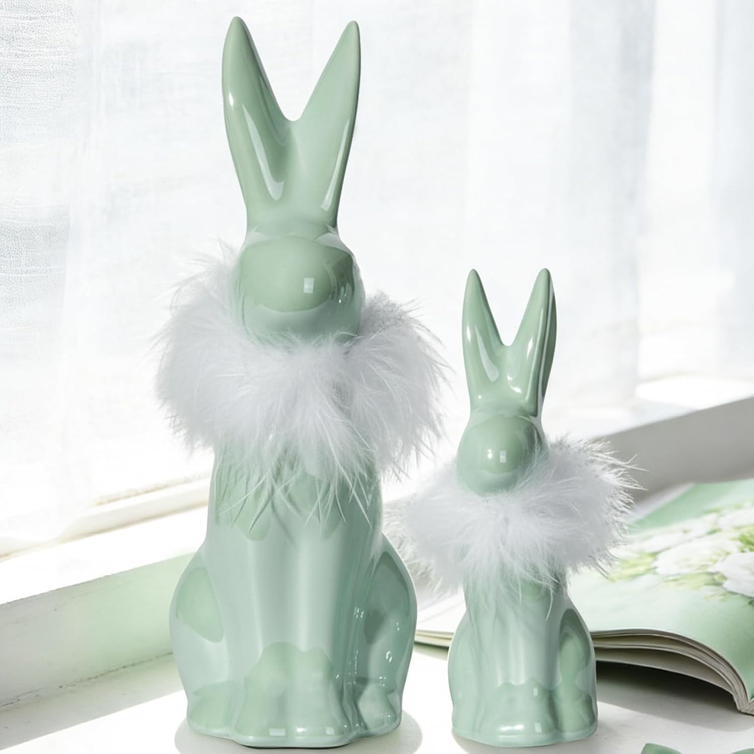 2PCS Easter Bunny Figurine Decoration, Green Ceramic Rabbit Statues with White F