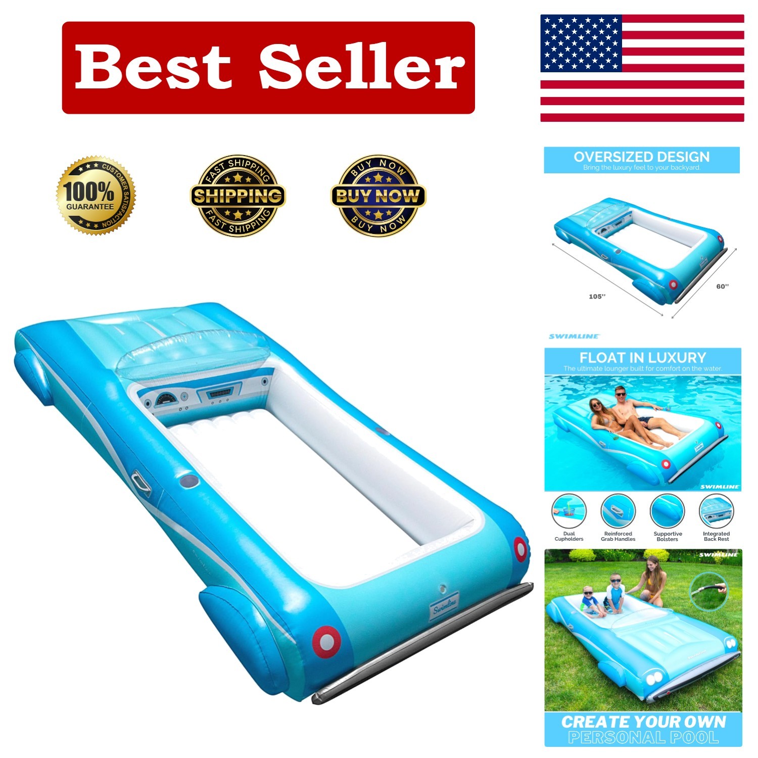 Spacious Inflatable Pool Float Lounger - Classic Convertible Design in Blue