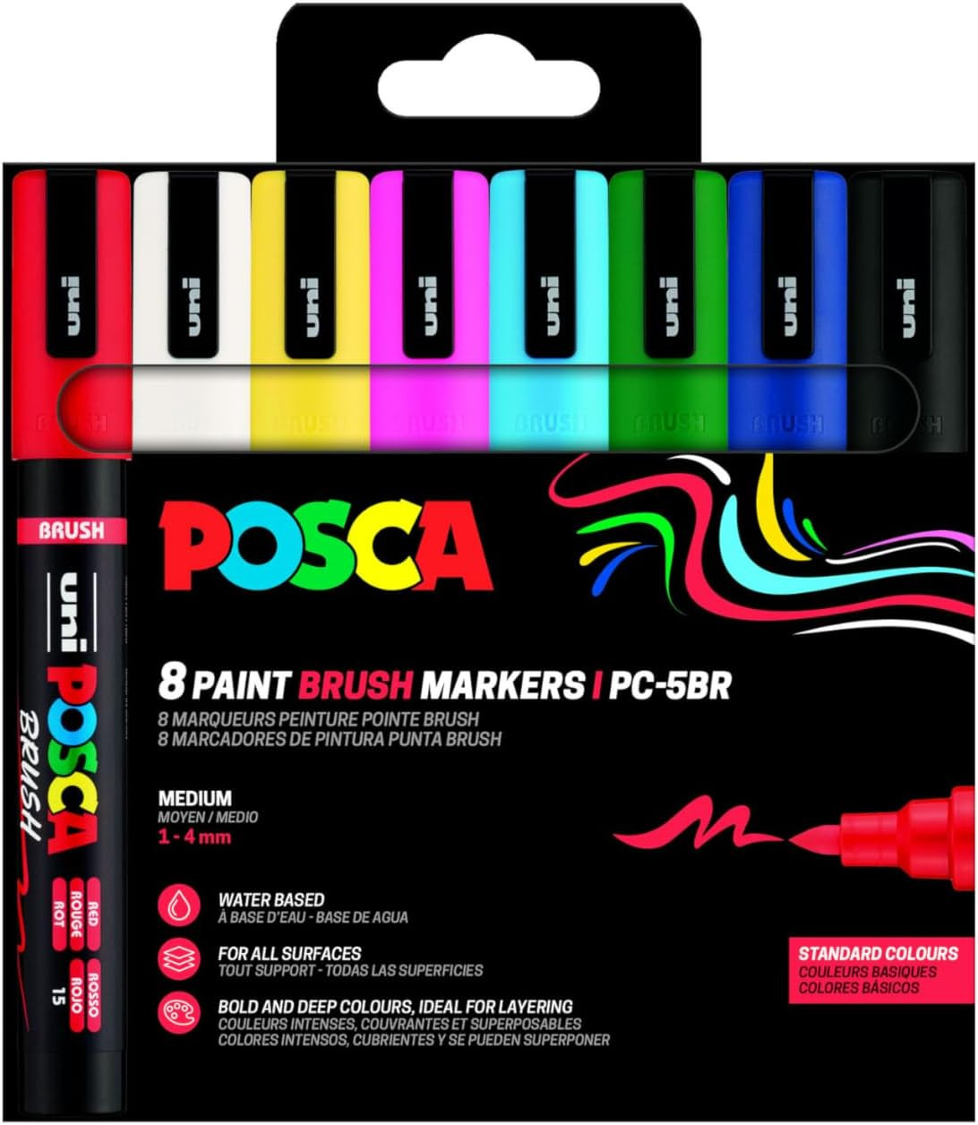 Posca Paint Brush Marker PC-5BR Set Of 8 Vibrant Colours For Drawing & Art