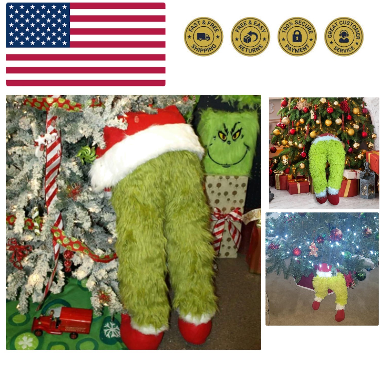 Christmas Elf Body Furry Green Head/Arm/Legs for Tree Decorations, Tree Toppe...