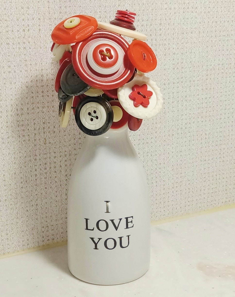 Button Bouquet in White Milk Bottle Red Black Home Decor