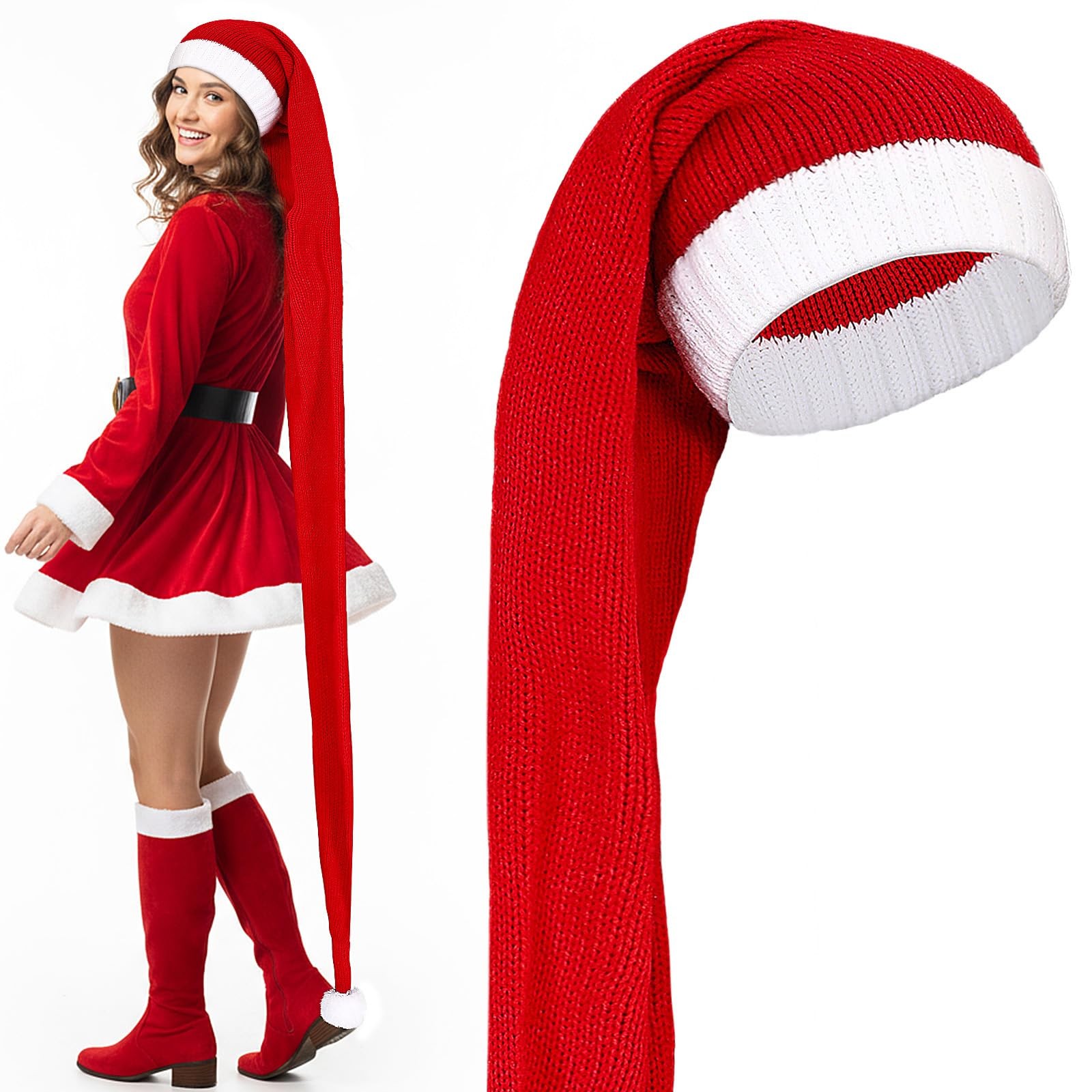 Bonuci 5 Feet Extra Long Christmas Santa Hat for Adults 5 x 1 ft, Red, White 