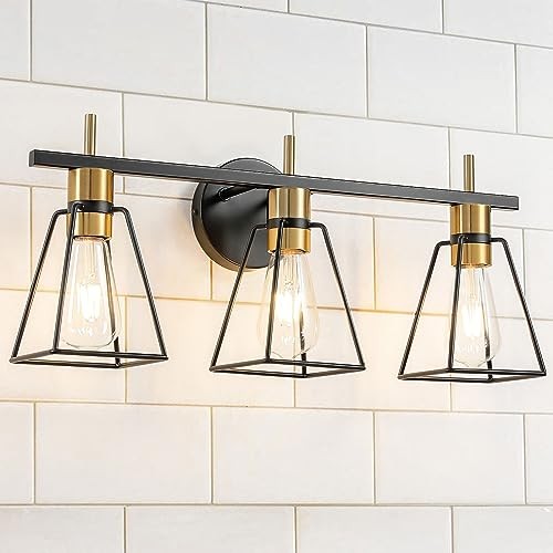 Industrial Bathroom Vanity Lights: 3-Light Black and Gold 3 Light Black & Gold