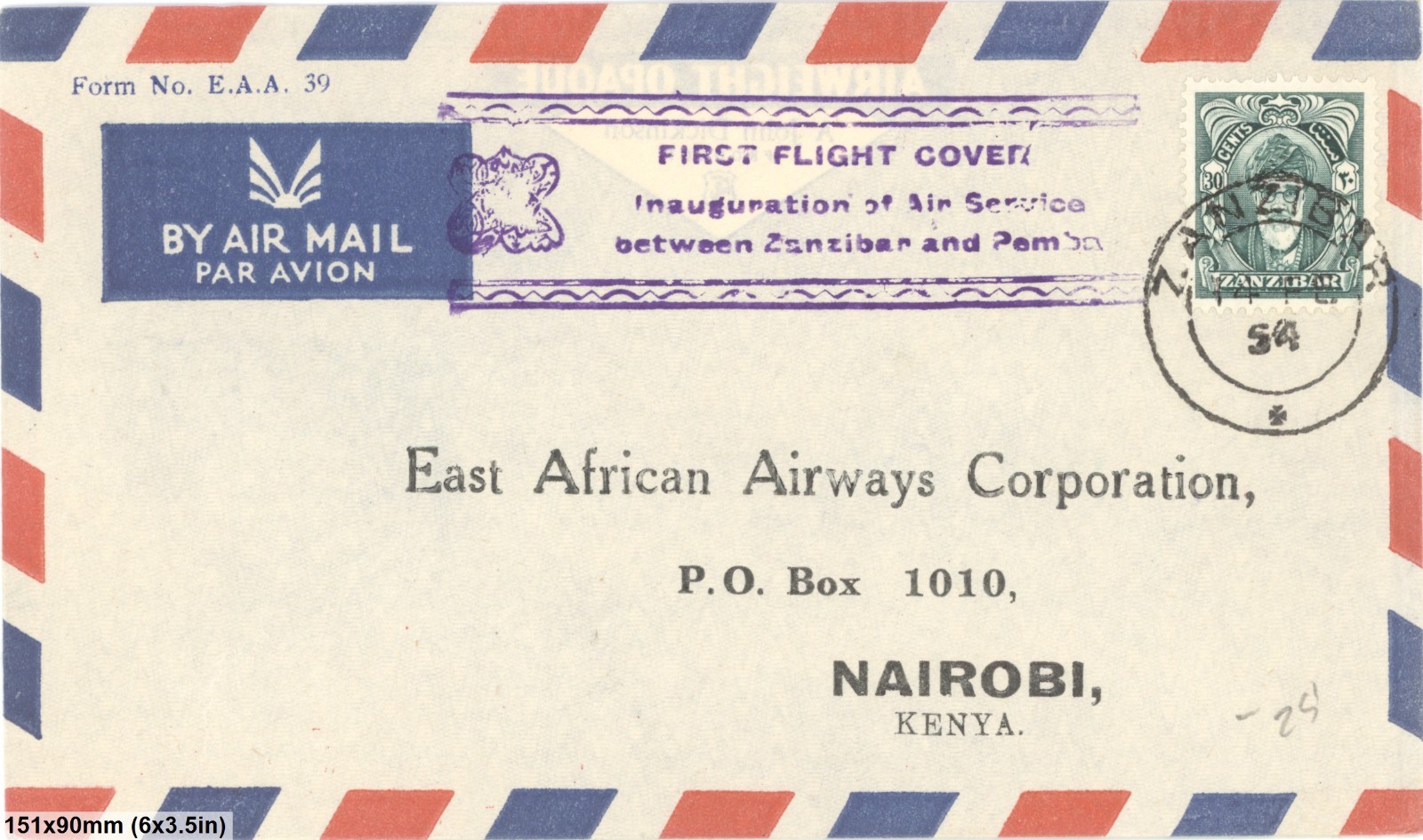 1954 Zanzibar First Flight Cover Air Service Zanzibar Pemba East African Airways