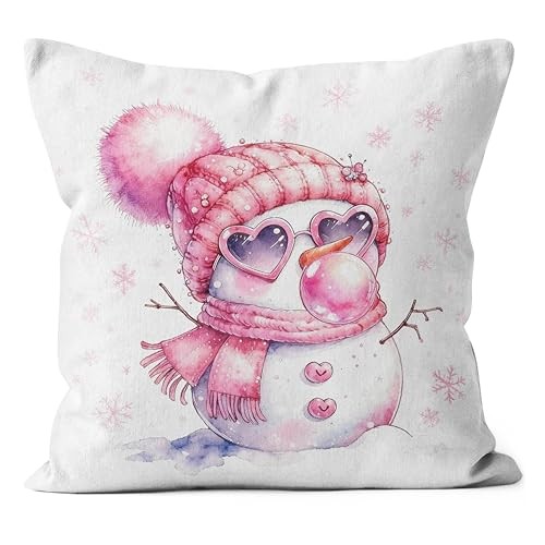 Retro Christmas Pink Snowman Pillow Covers 18x18, Funny White & Pink-2