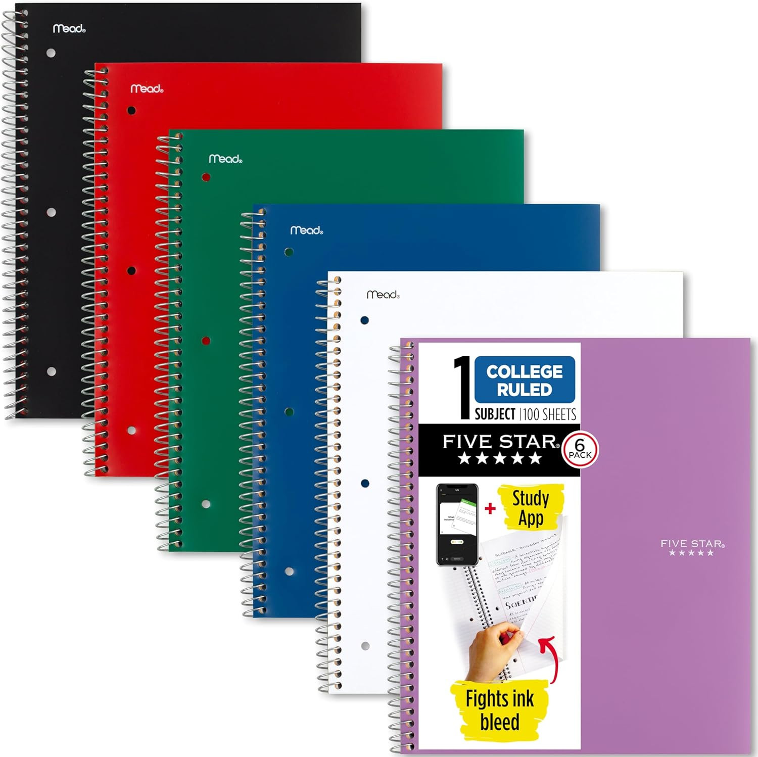 Five Star Spiral Notebook + Study App, 6 Pack, 1 Subject, College Ruled Paper, 8