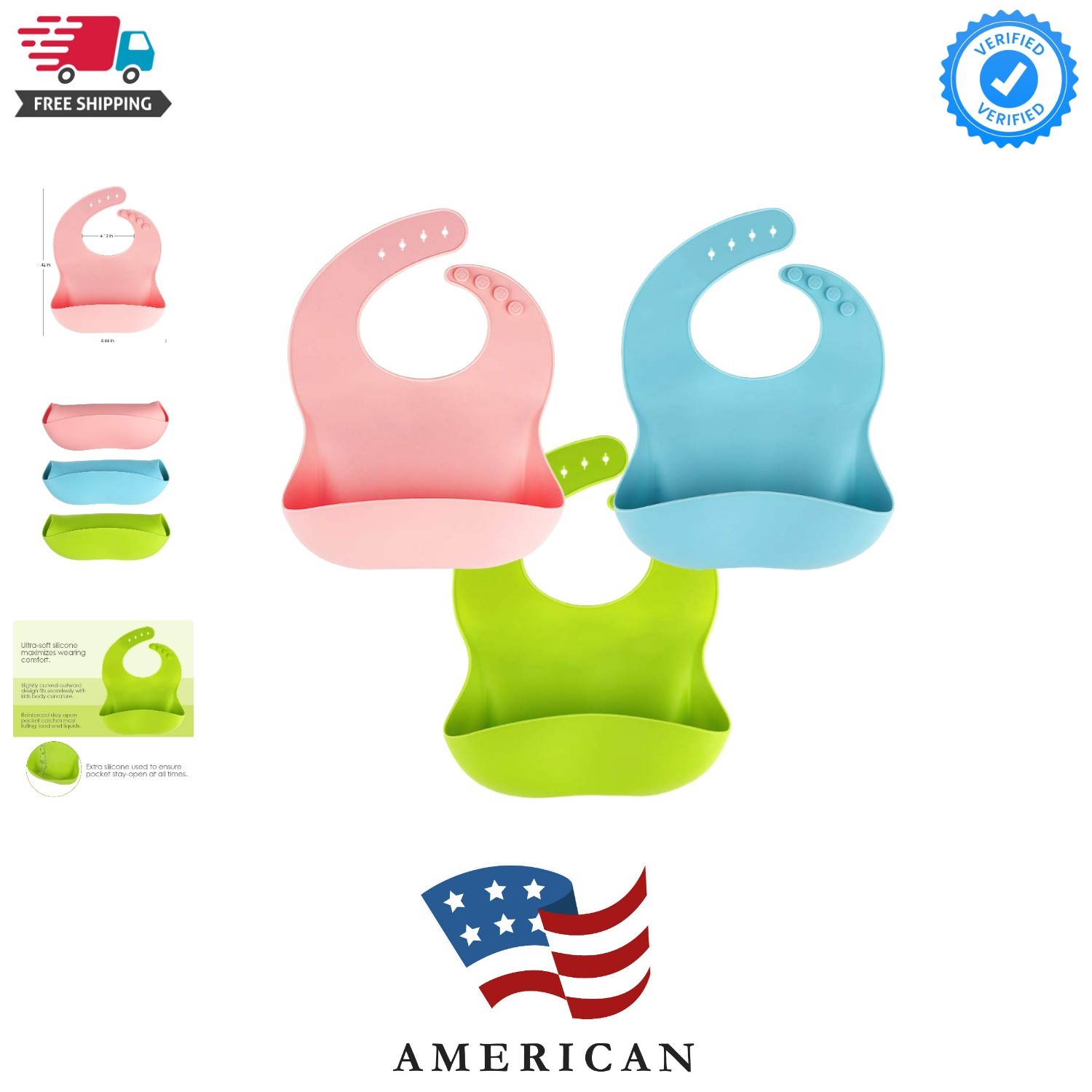 3 Pack Silicone Baby Bib for Babies & Toddlers 6-72 , Waterproof, BPA Free, G...