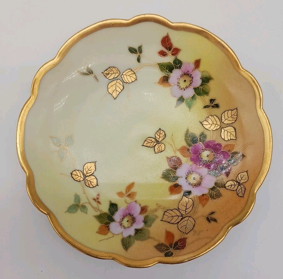 Antique Pickard Limoges France Handpainted Plate Wild Roses Gold Trim Signed YF
