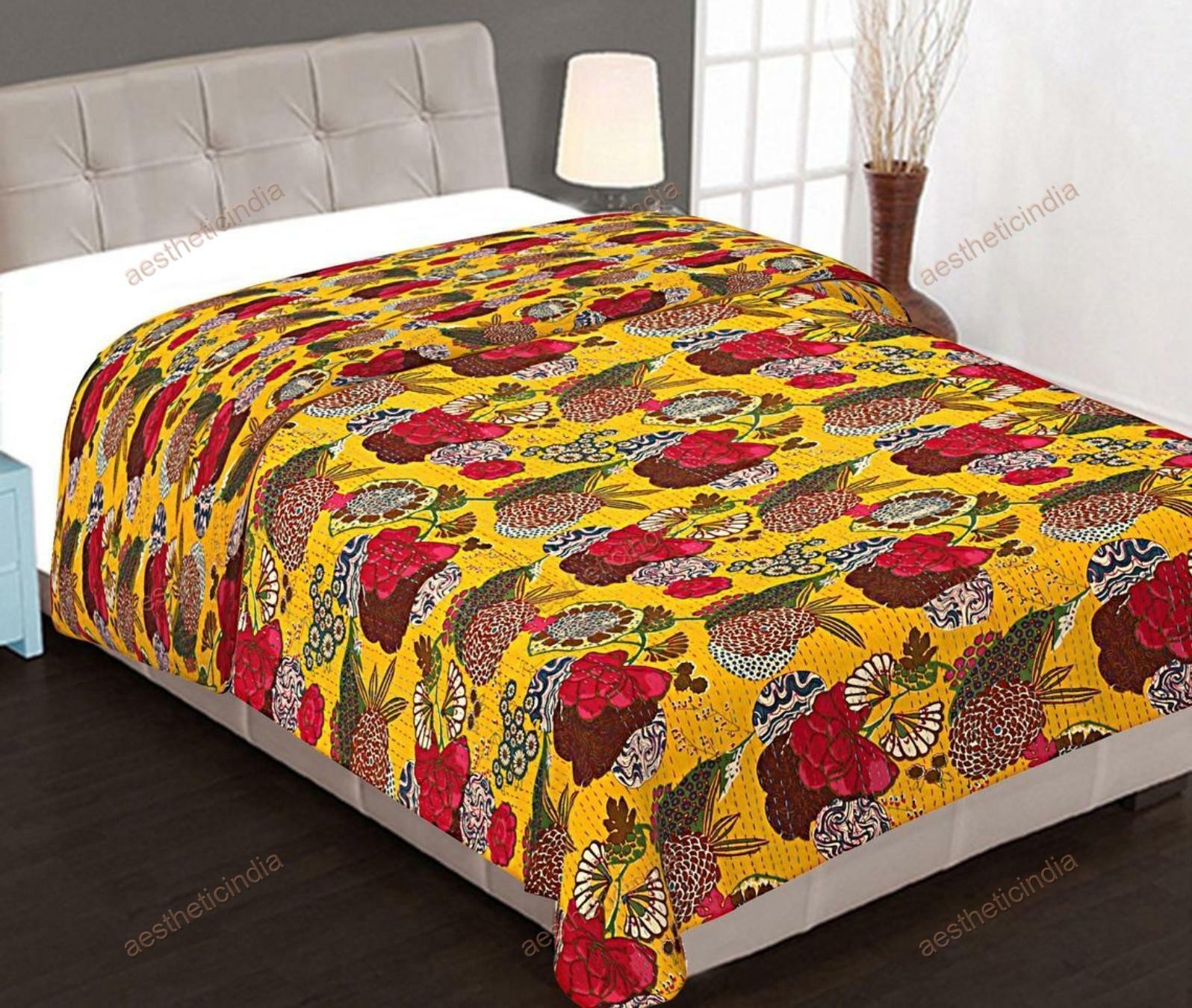 Pure Cotton Bedspread Kantha Cover Vintage Wall Hanging Duvet Cover Home Decor