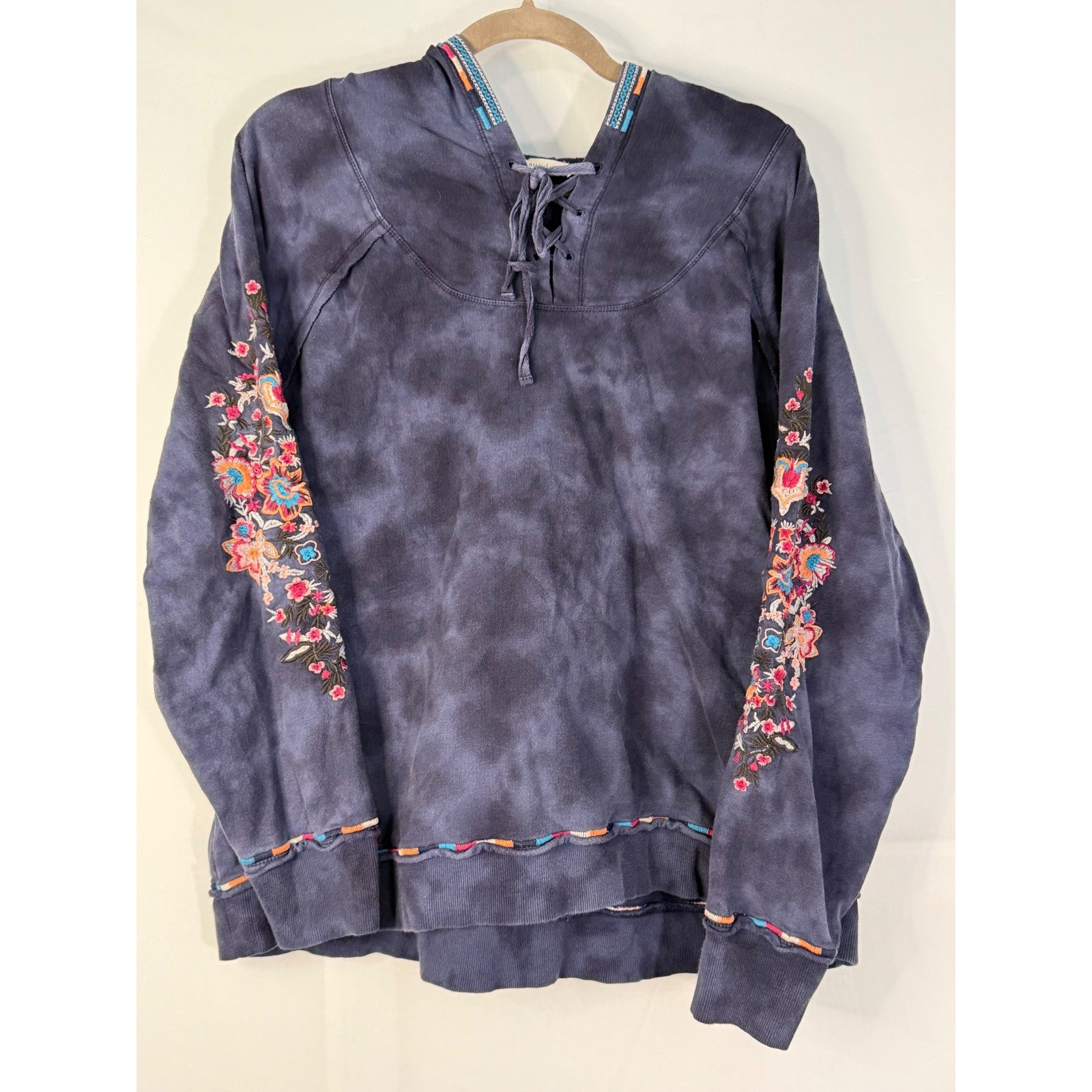 Sundance Hoodie Women XL Navy Tie Dye Floral Embroidered Lace Up Boho Excellent