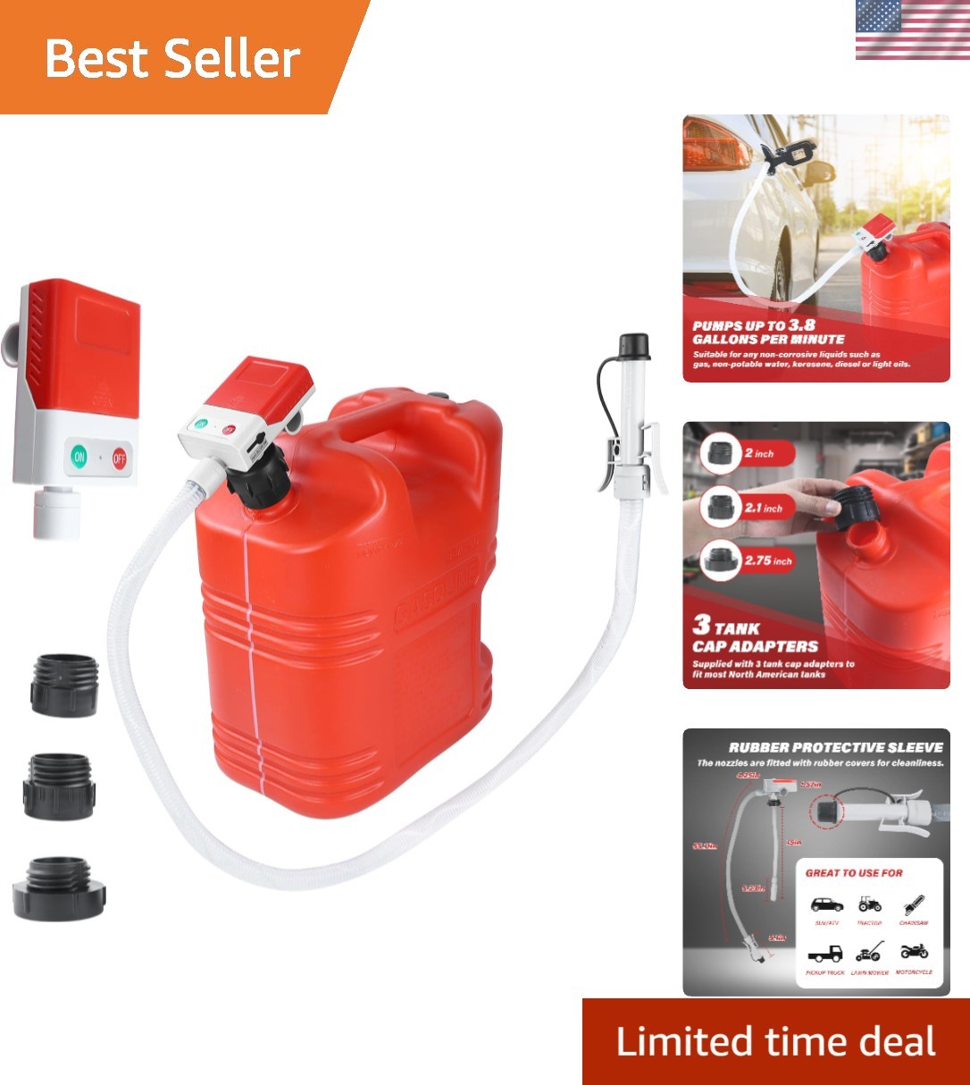 Fuel Transfer Pump, 3.8 GPM, Auto-Stop Nozzle, 51-inch Hose with 3 Tank Fitti...