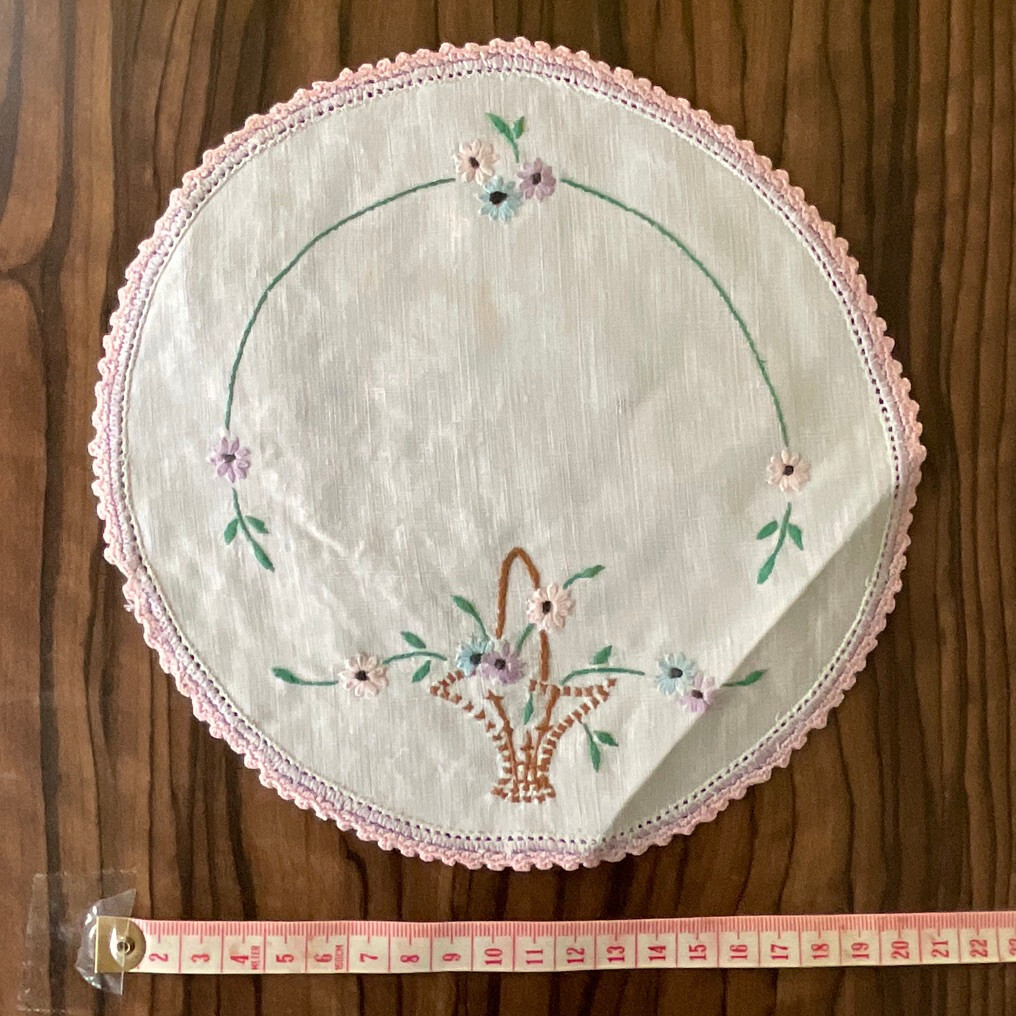 Vintage Handmade Embroidered  Doily cottage core flower basket - pink edge