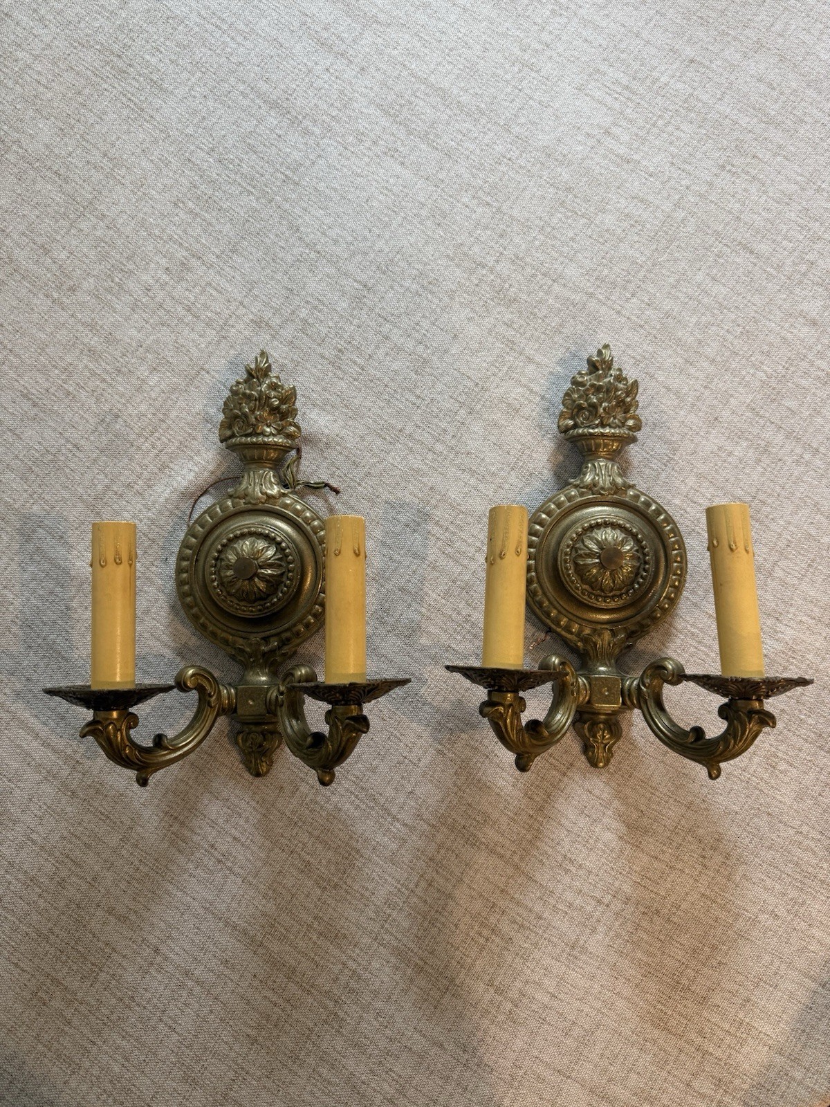 Vintage Crescent Brass Pair Double Wall Sconces Hard-Wired Floral Heavy