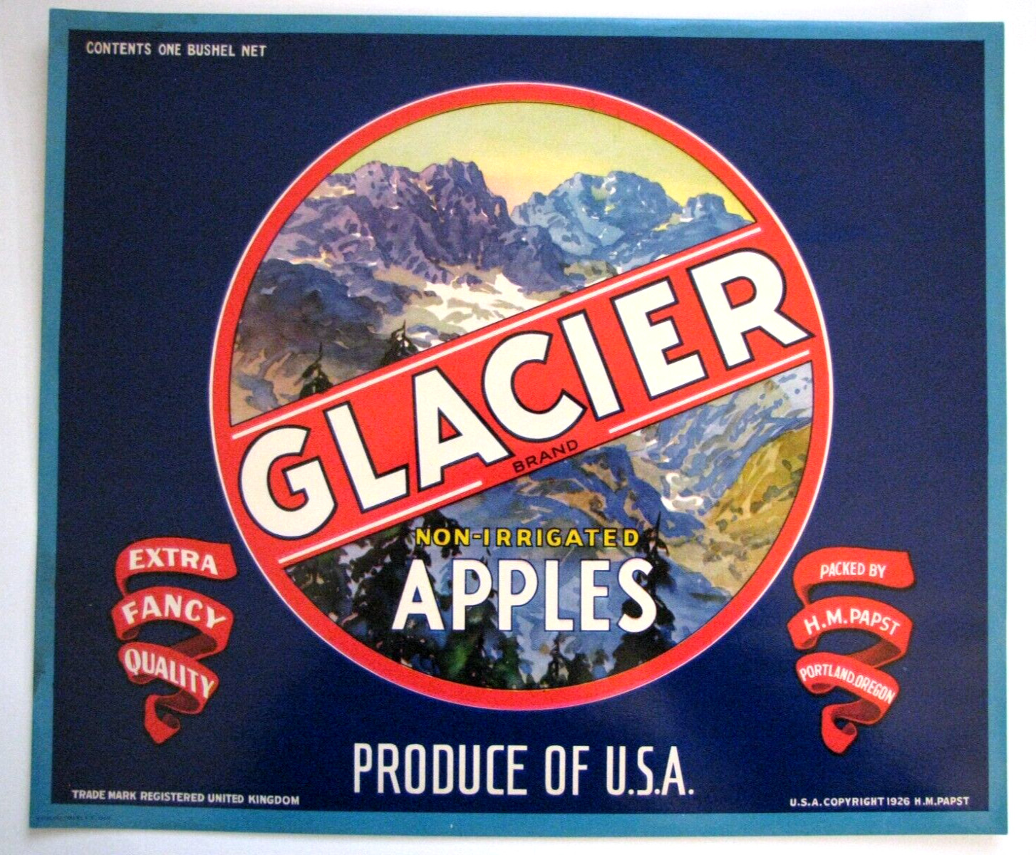 Original GLACIER non irrigated apple crate label Papst Portland Oregon UK London