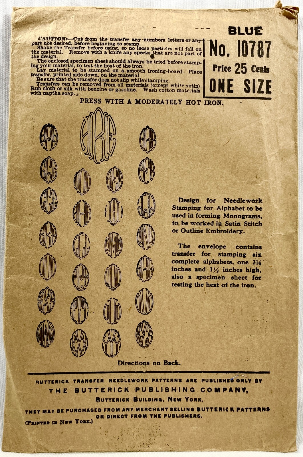 1910s Butterick Iron-On Embroidery Transfer Pattern 10787 Alphabet Antique 12645