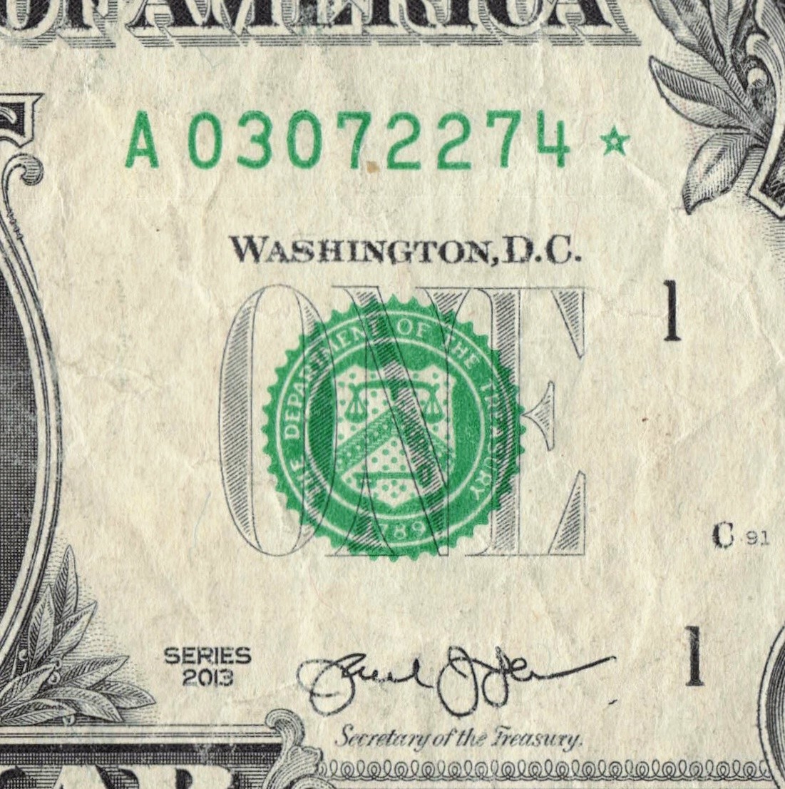 Series 2013 Star Note  A Boston 3.2 M Pack Run DC $1 Dollar Bill A03072274*