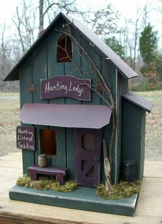 Hunting Lodge , Lighted House , Primitive Birdhouse ,  Rustic , Lodge Decor