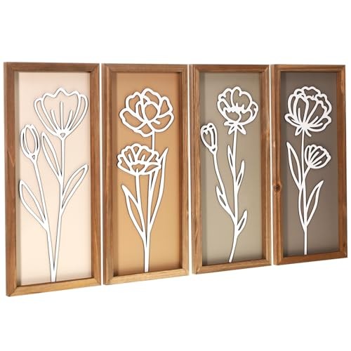 Novabright 3D Wooden Floral Bathroom Wall Decor Set of 4 Earth Neutral Flower