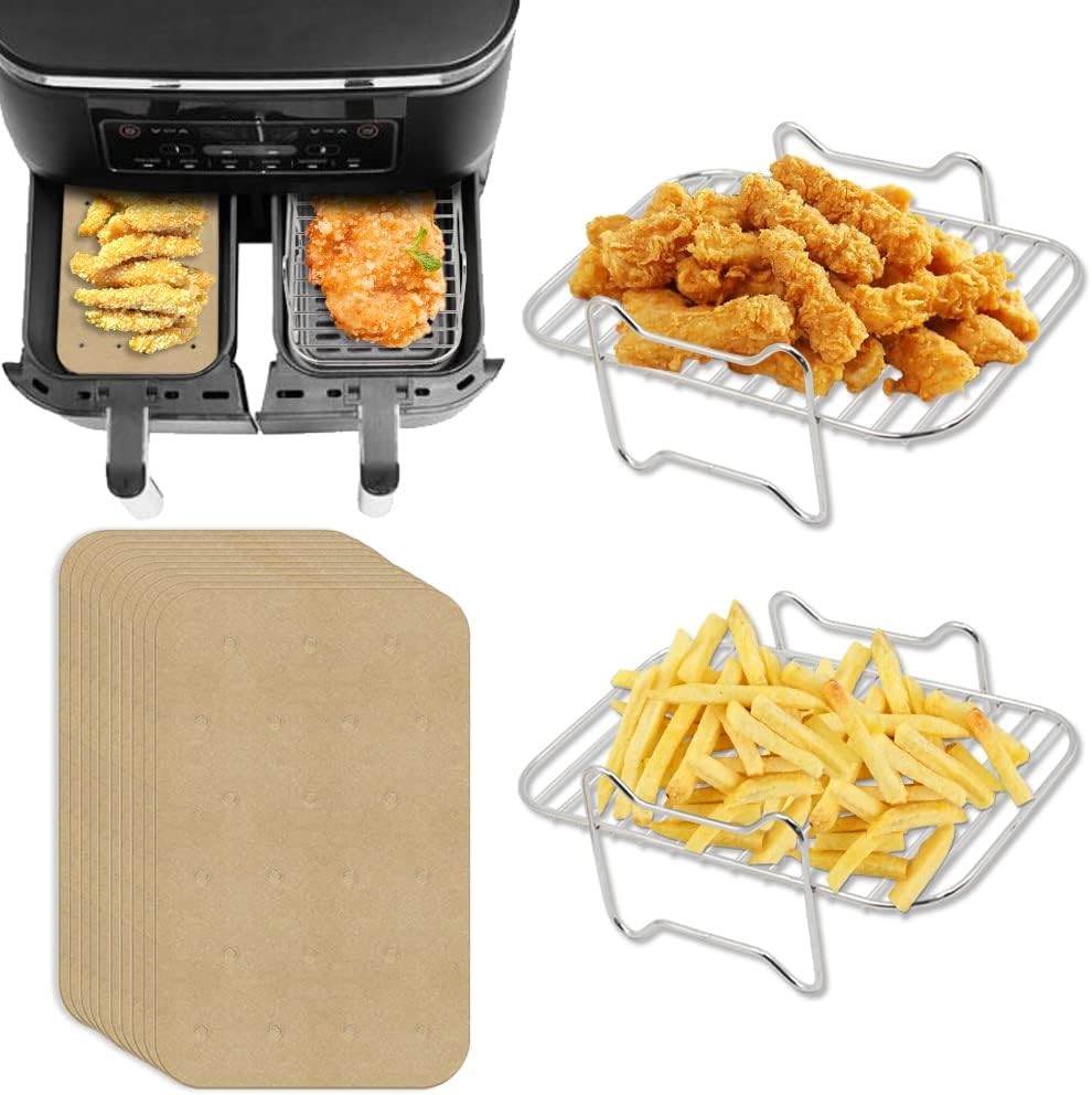 2pcs 8Qt Air Fryer Rack Set with 100pcs Parchment Paper Compatible with Ninja Fo