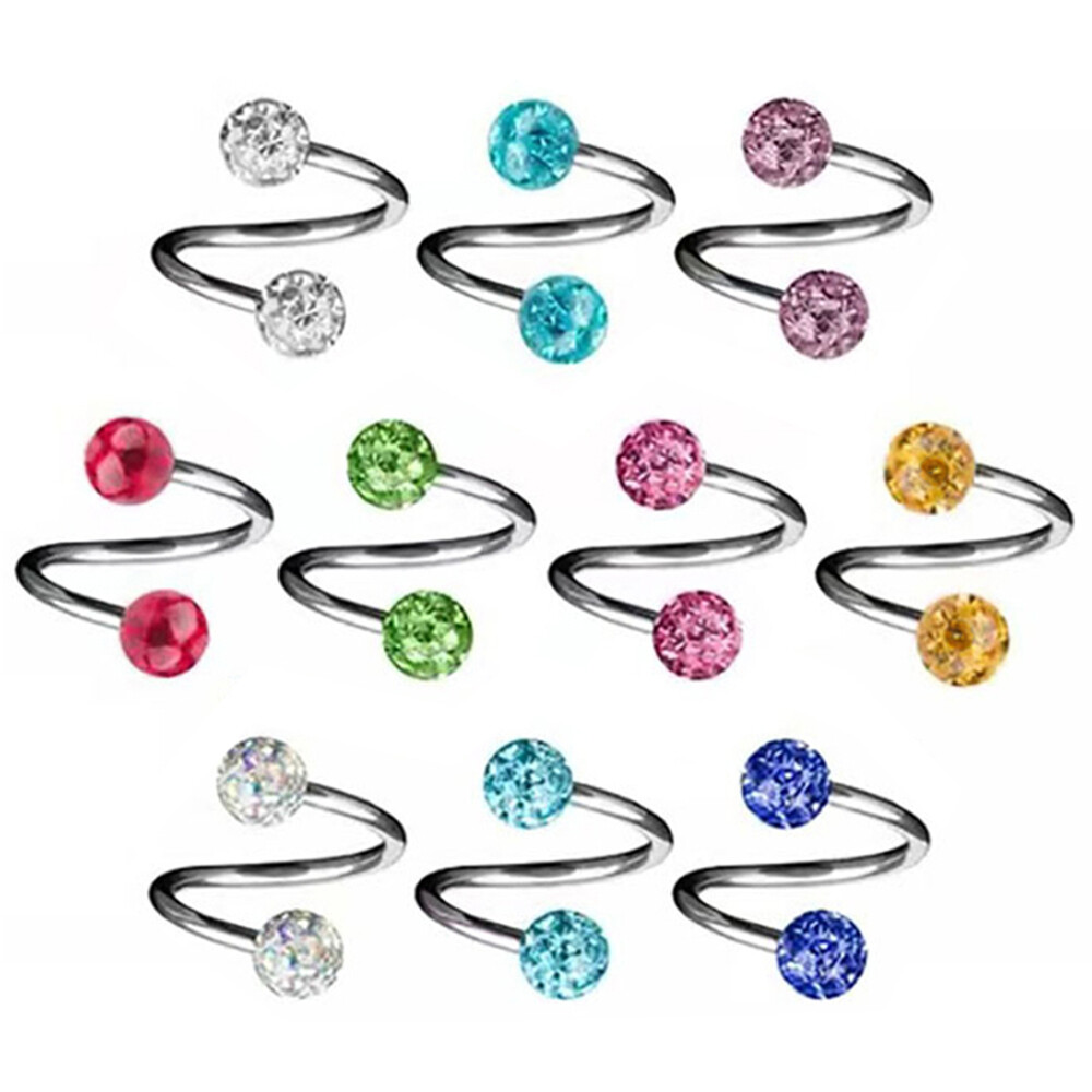 2pc Steel Coated Crystal Twist Ear Helix Cartilage 8mm 10mm Spiral Stud Piercing